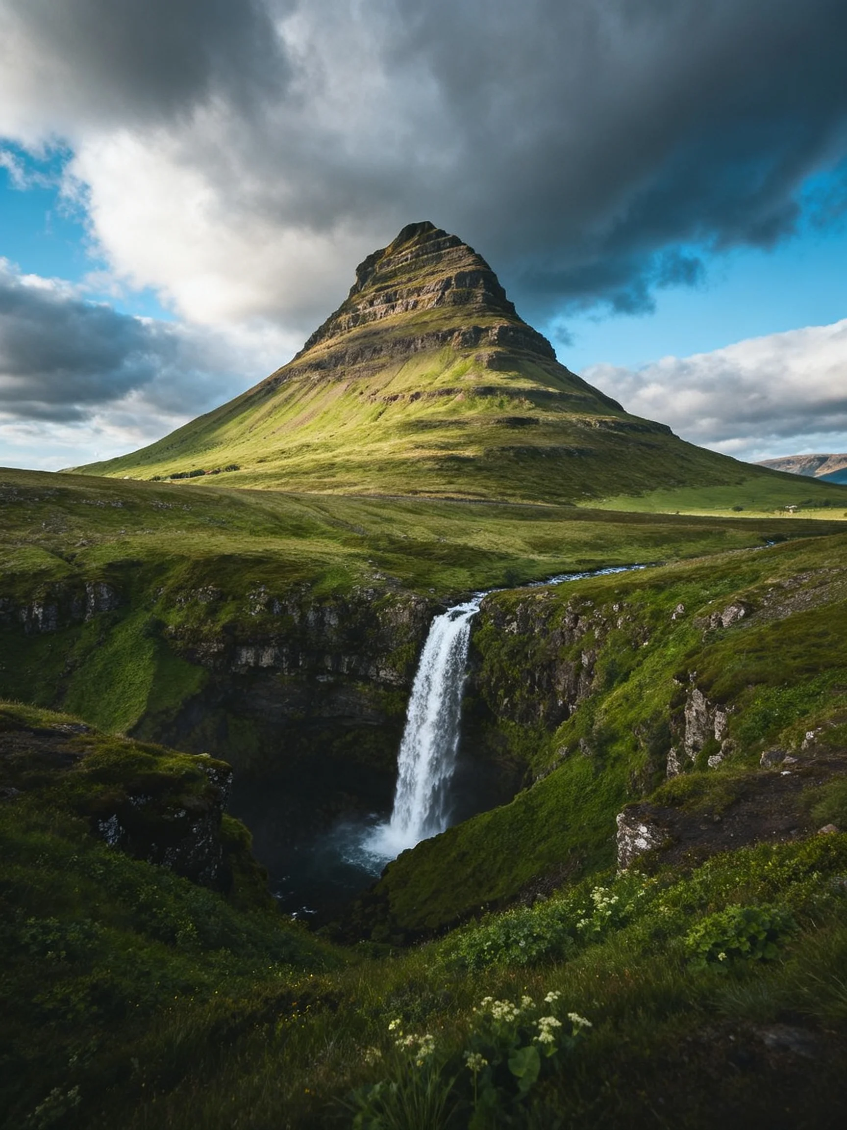 A majestic pyramid mountain with lush greenery and a cascading waterfall