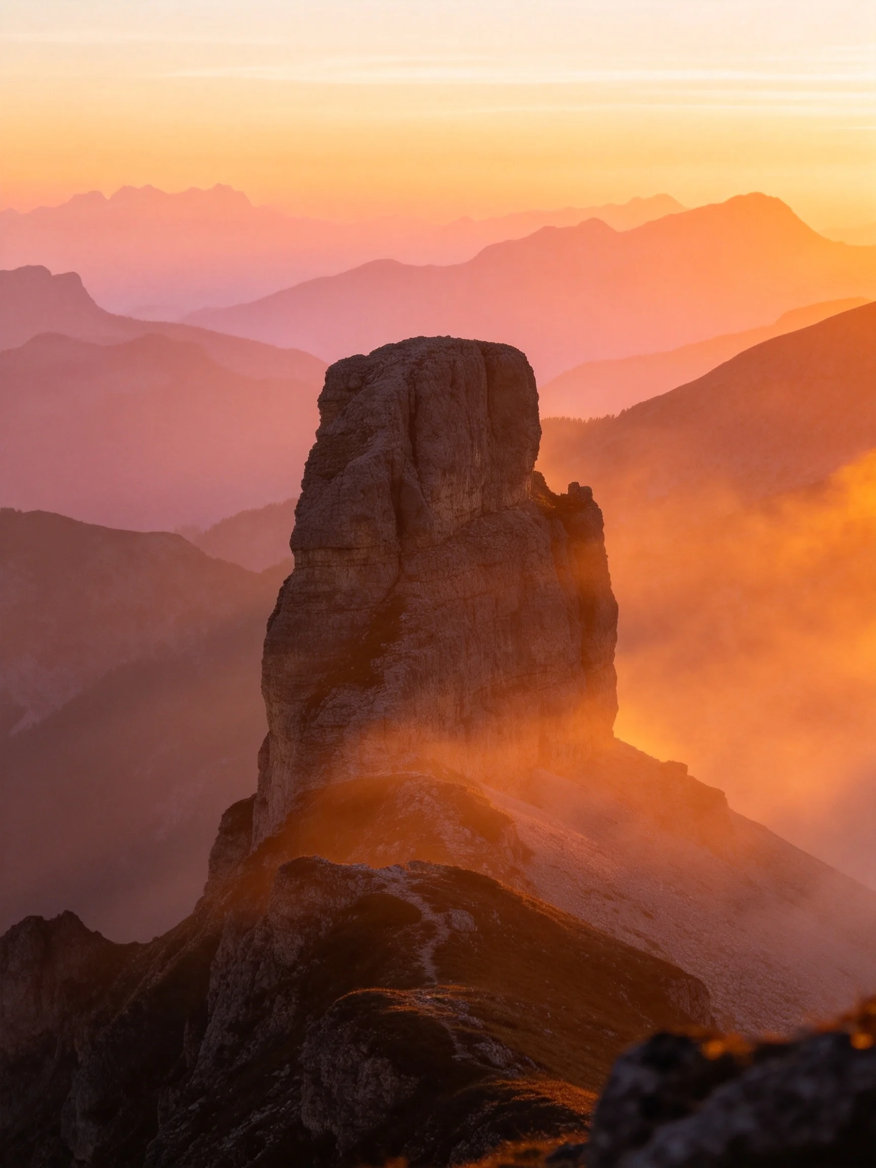 A majestic rock formation amid mist-covered mountain ridges at dawn