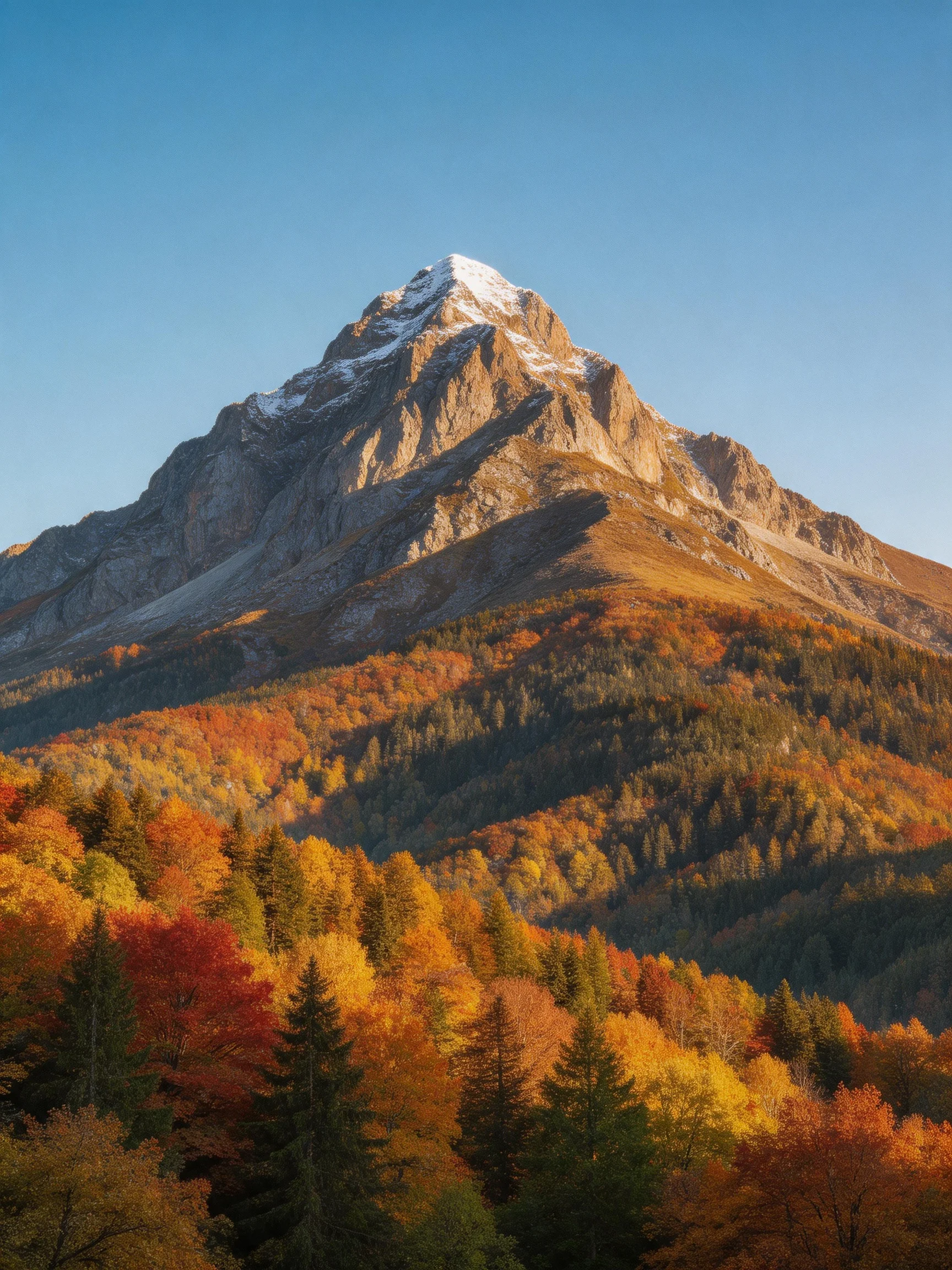 A majestic snow-capped mountain towers over vibrant autumn forests.