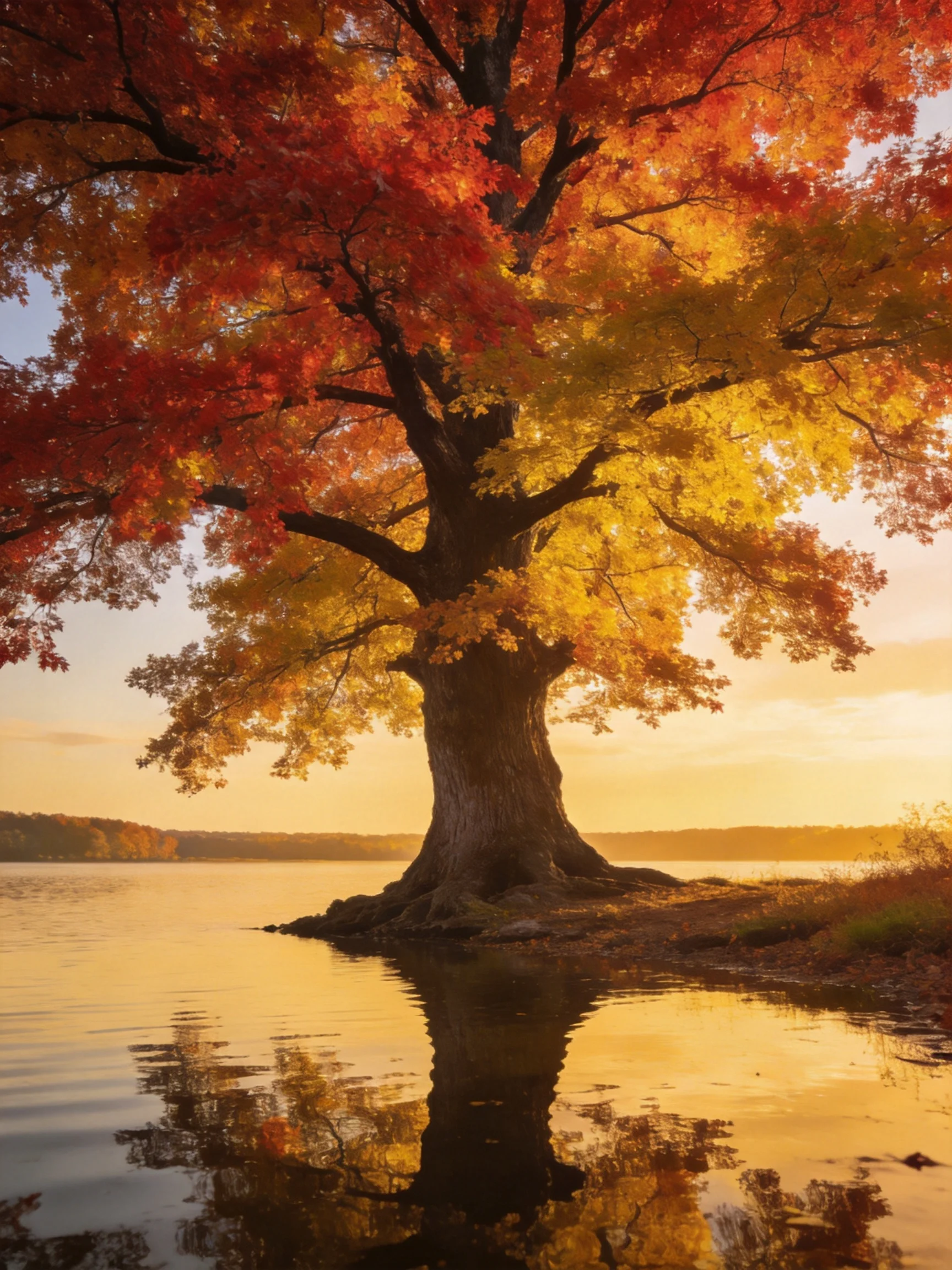 A majestic tree with vibrant fall foliage by calm waters