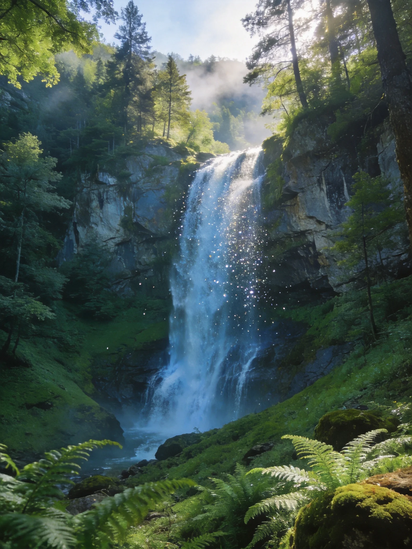 A majestic waterfall cascades amid dense emerald forests