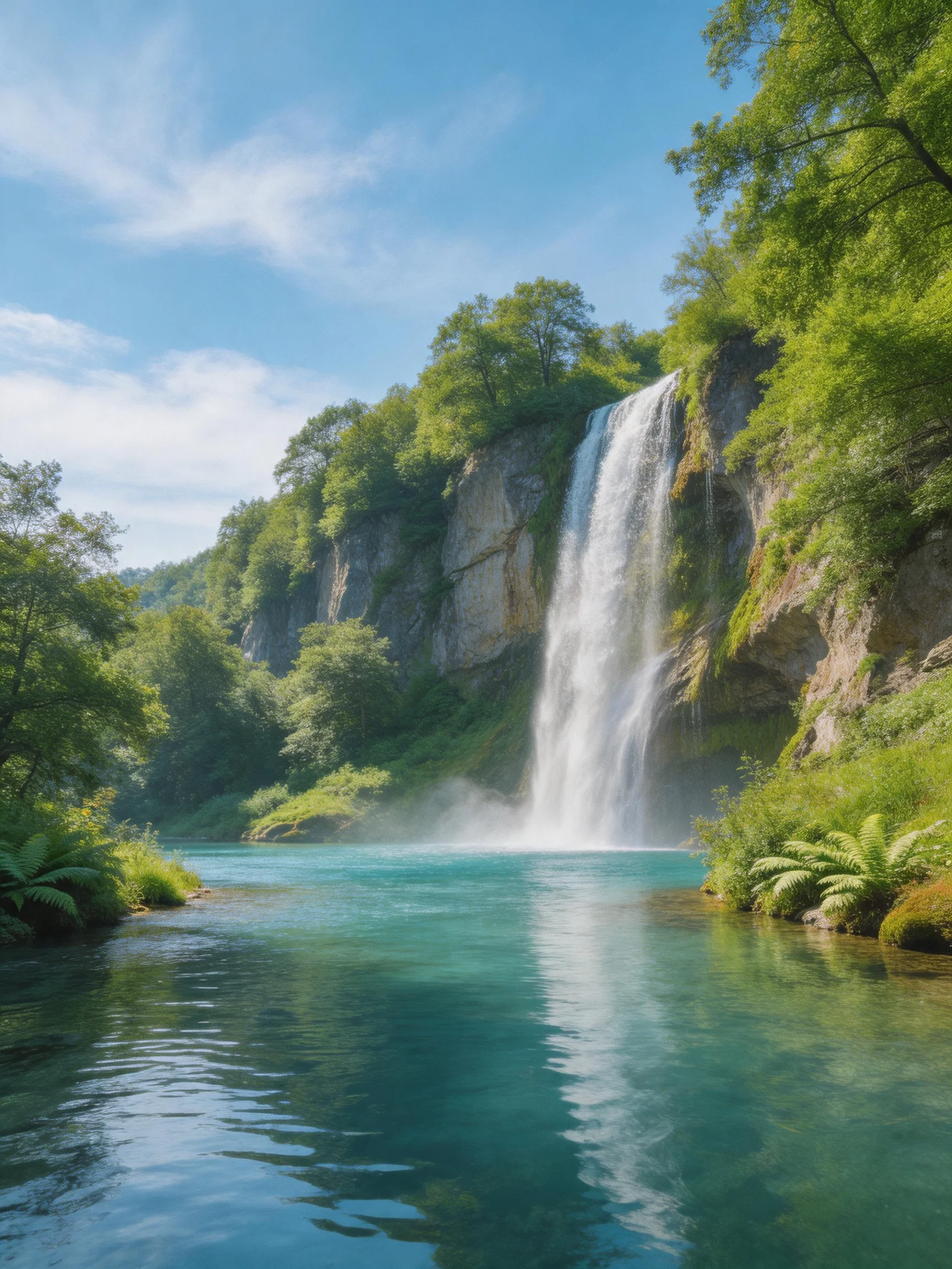 A majestic waterfall cascades into turquoise waters amid lush green cliffs