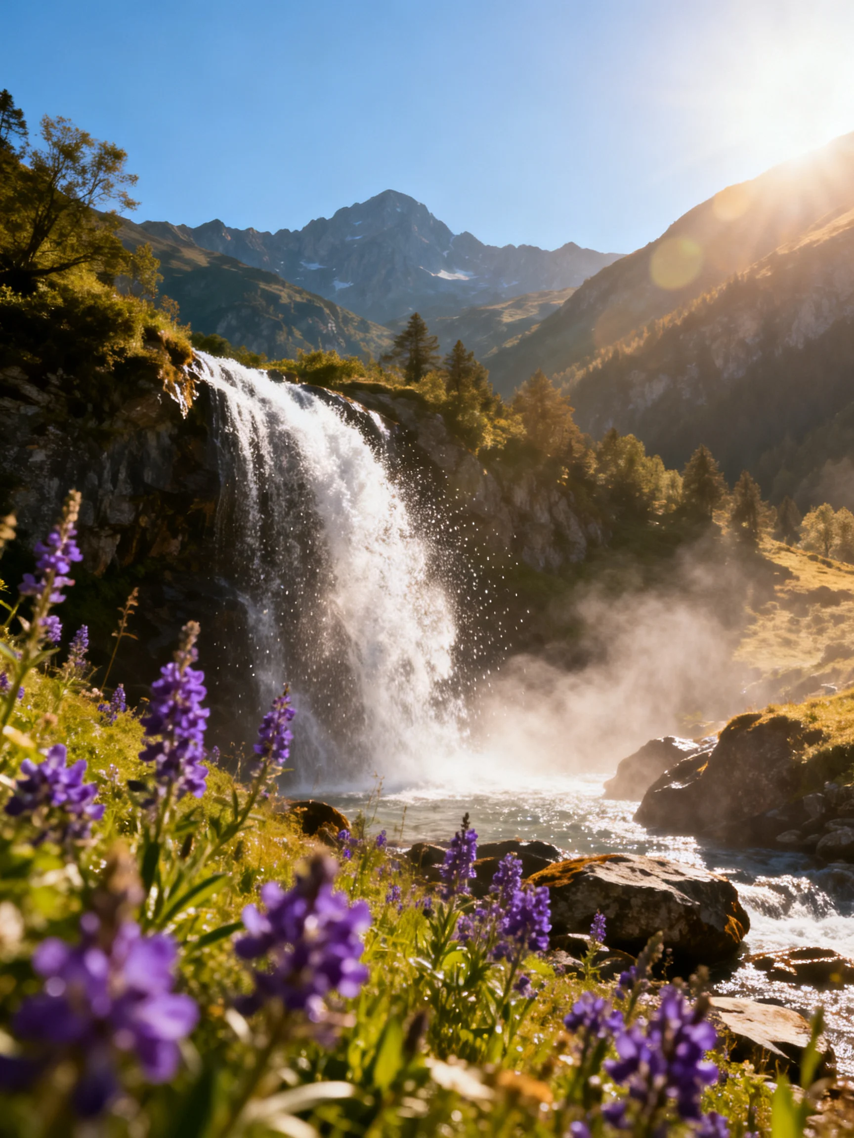 A majestic waterfall cascades near vibrant purple wildflowers and mountain peaks