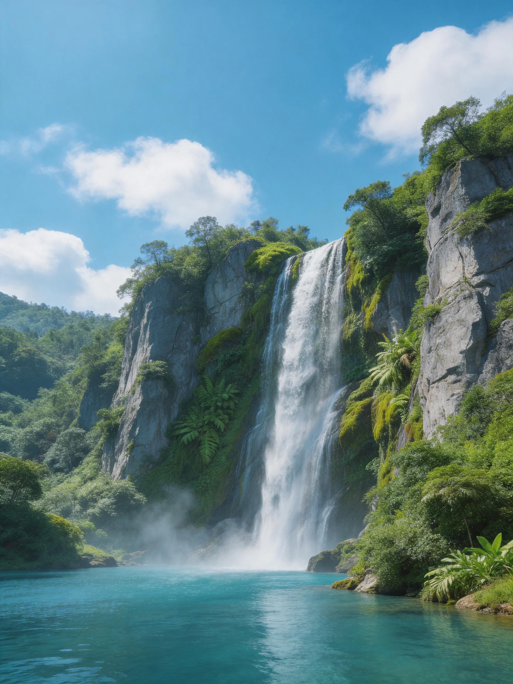 A majestic waterfall cascades over moss - covered cliffs into turquoise waters