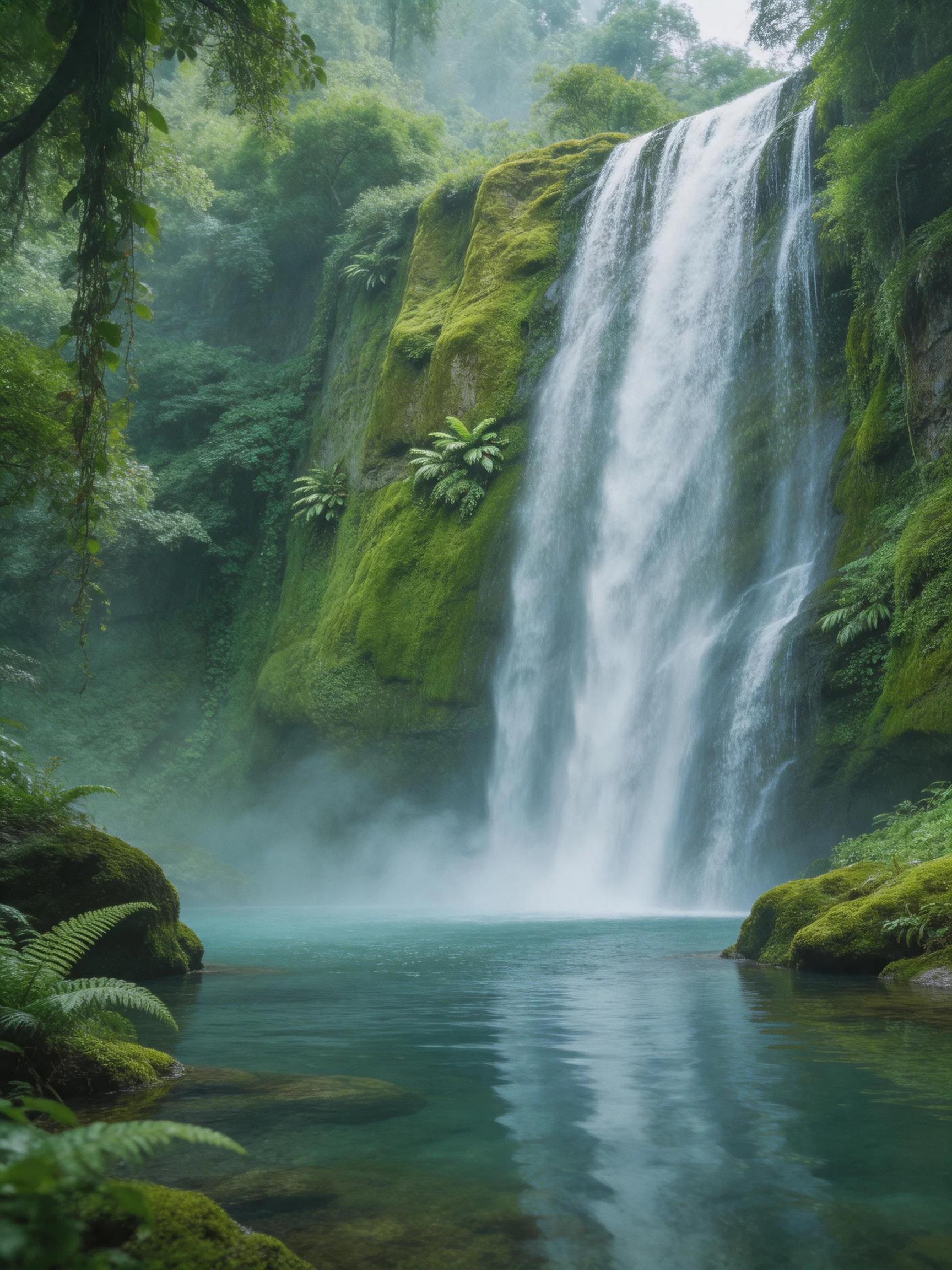 A majestic waterfall cascades over moss-covered cliffs into turquoise waters