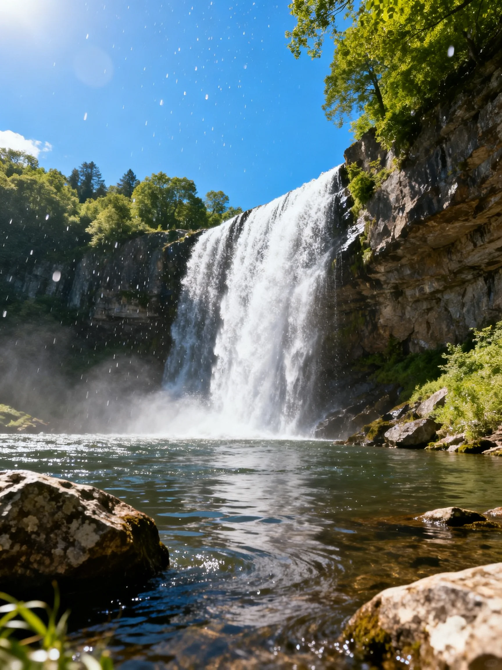 A majestic waterfall cascades over rocky cliffs into a clear pool