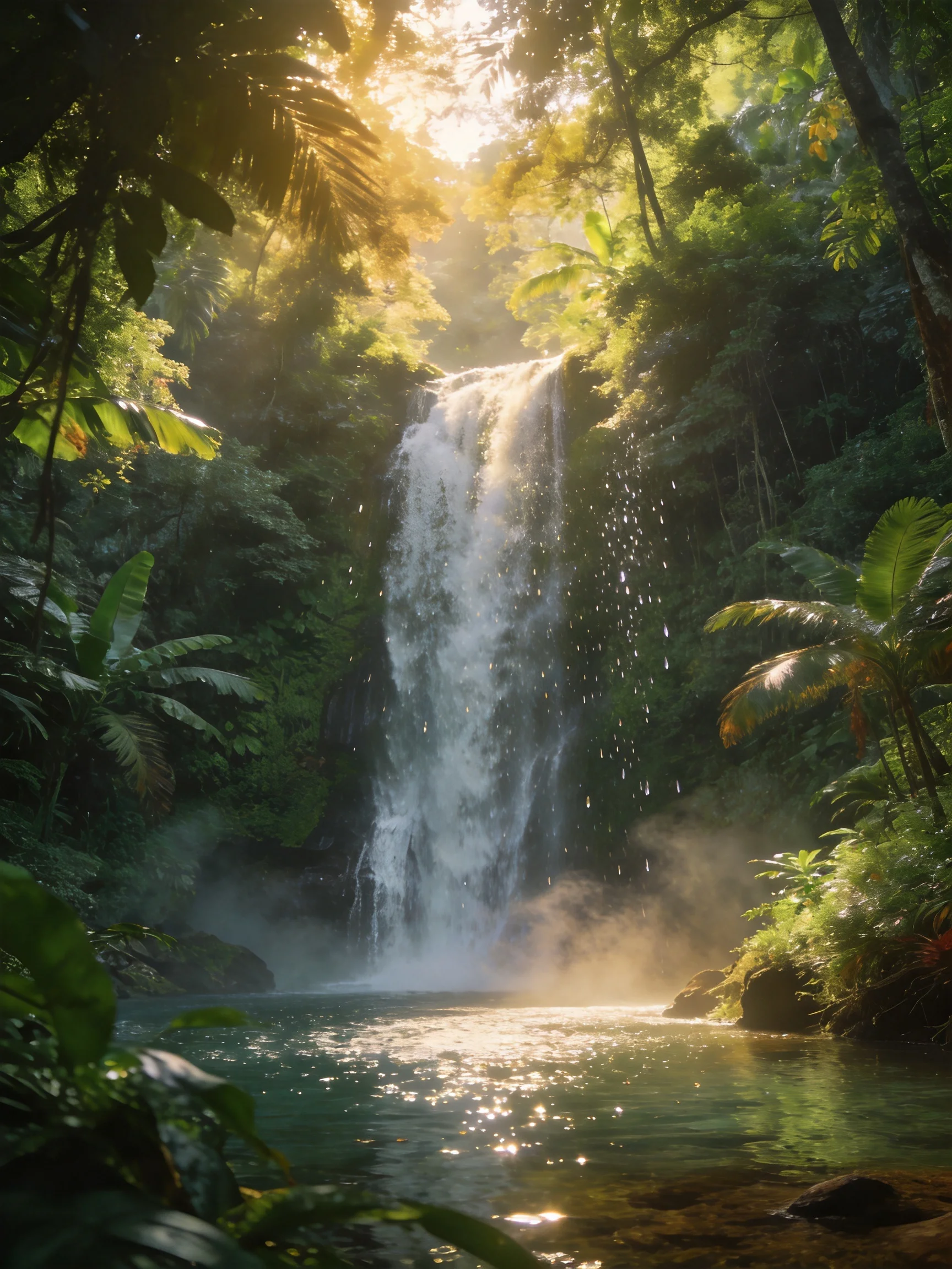 A majestic waterfall plunges into a serene pool within a lush tropical forest bathed in golden light