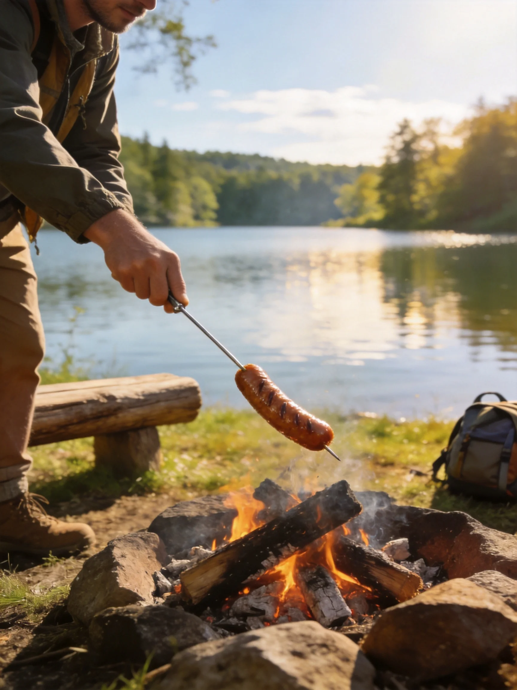 A man grilling a brown sausage by a serene blue lake