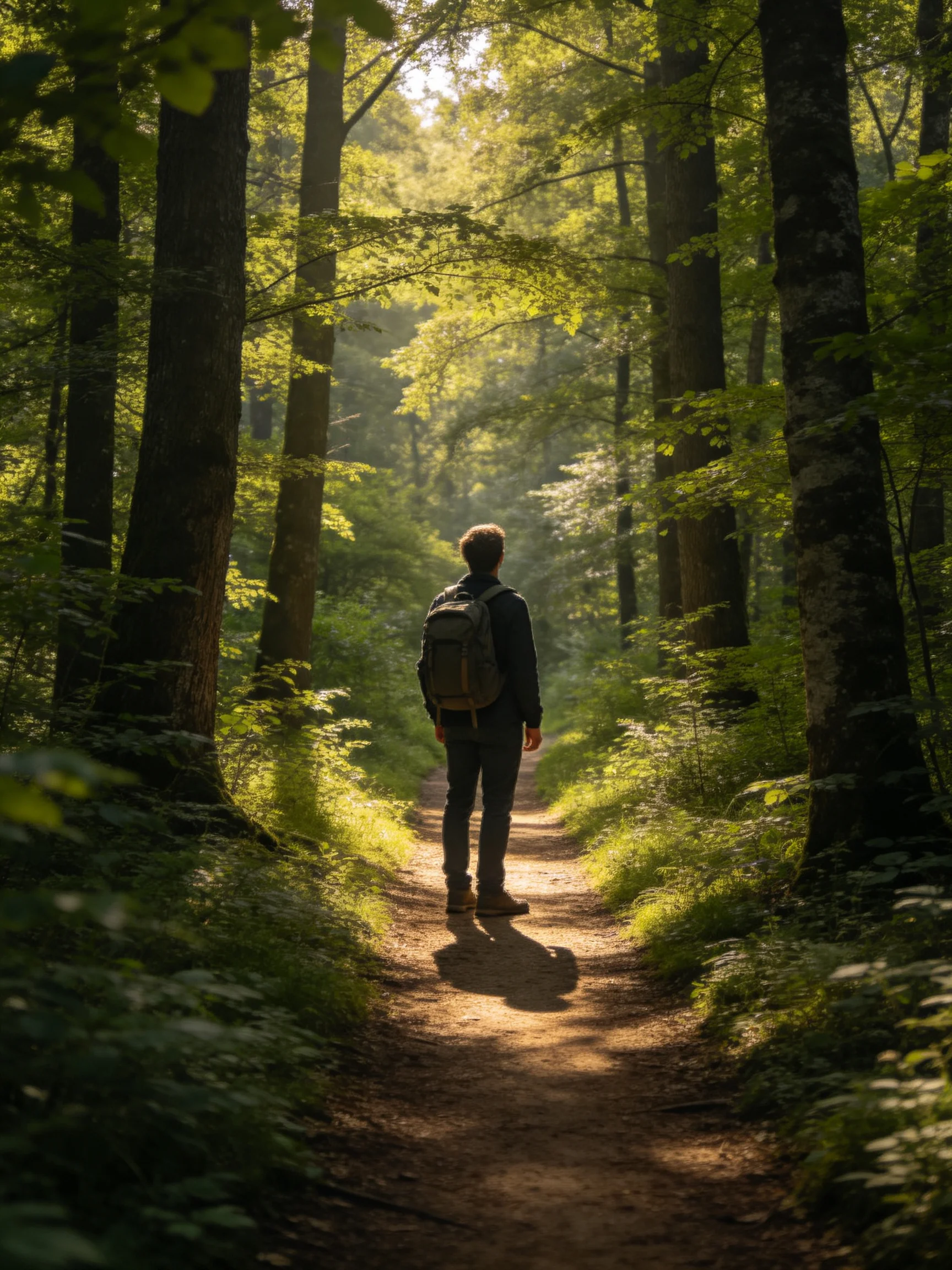 A man hiking on a sun-dappled forest trail with tall green trees