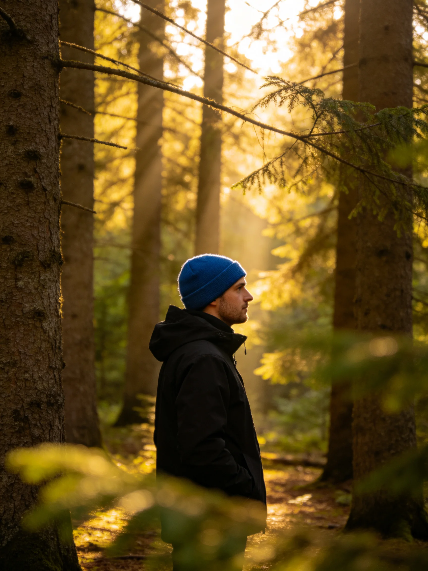 A man in a blue beanie stands amid tall trees with golden sunlight filtering