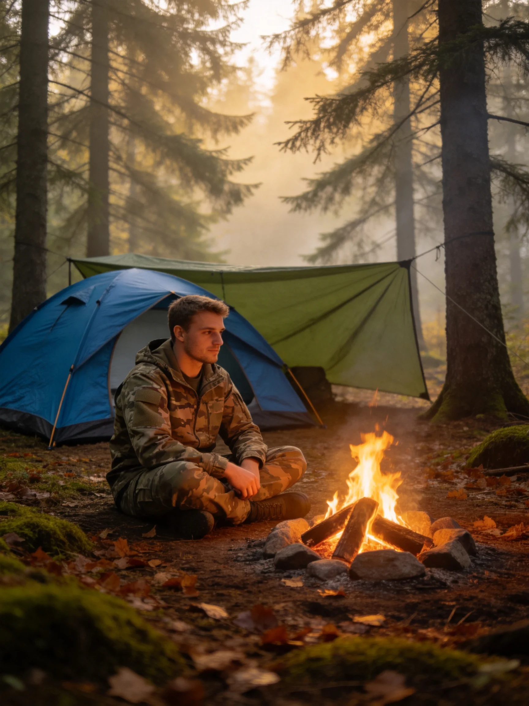 A man in camouflage sits by a blue tent near a burning campfire in a misty forest
