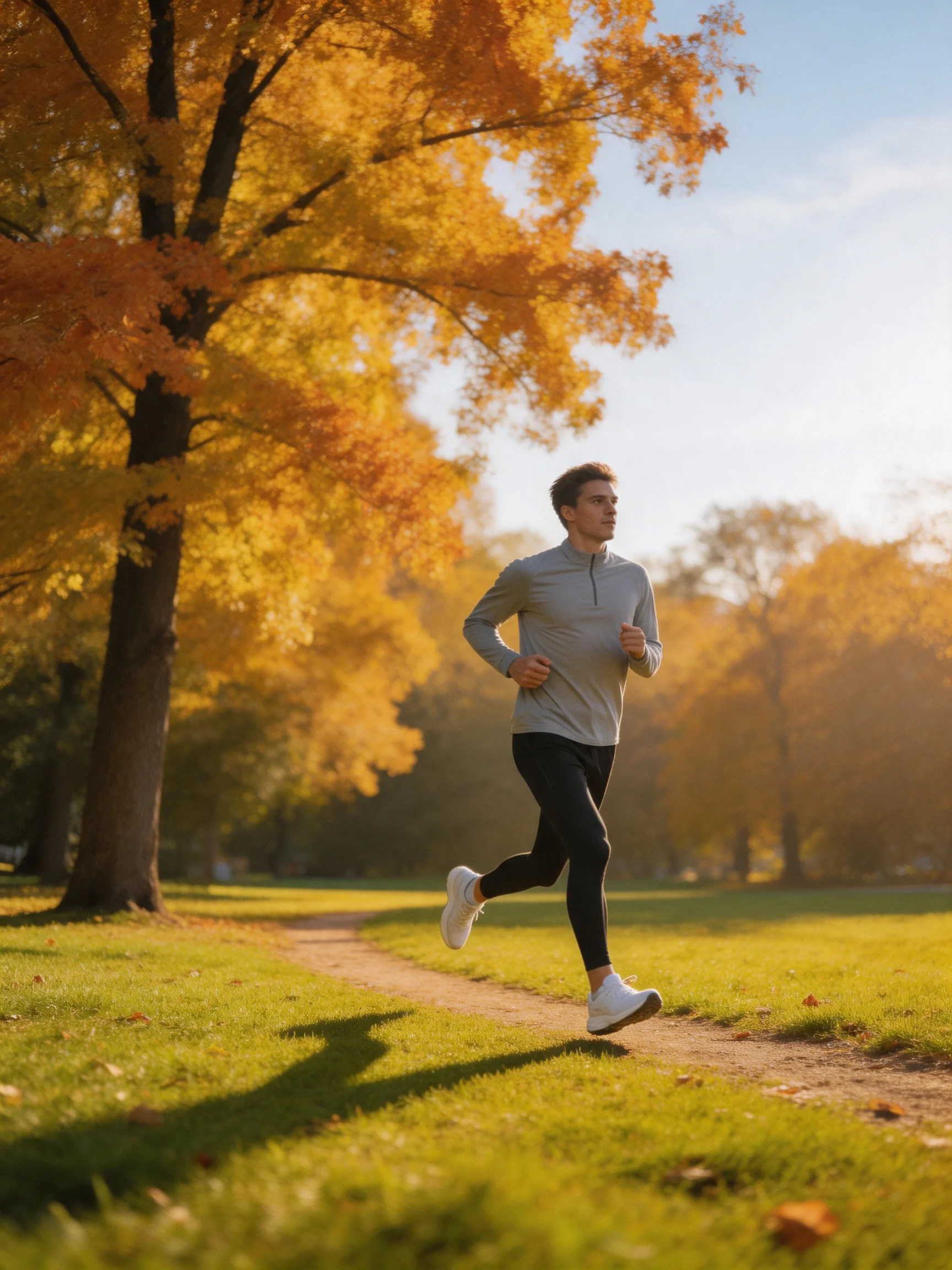 A man jogging along a dirt path amid golden fall foliage