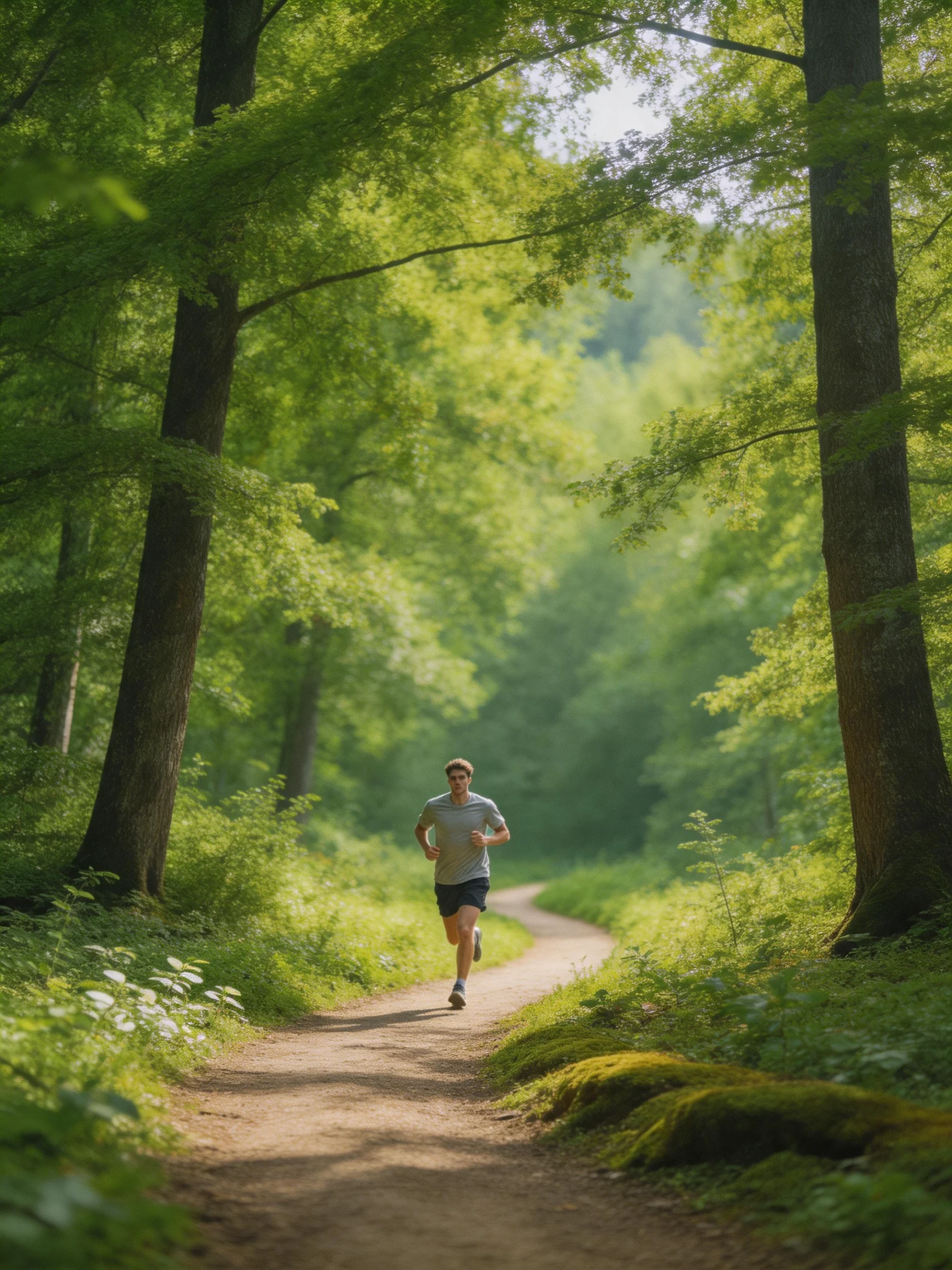 A man jogging on a sun-dappled forest path with tall green trees