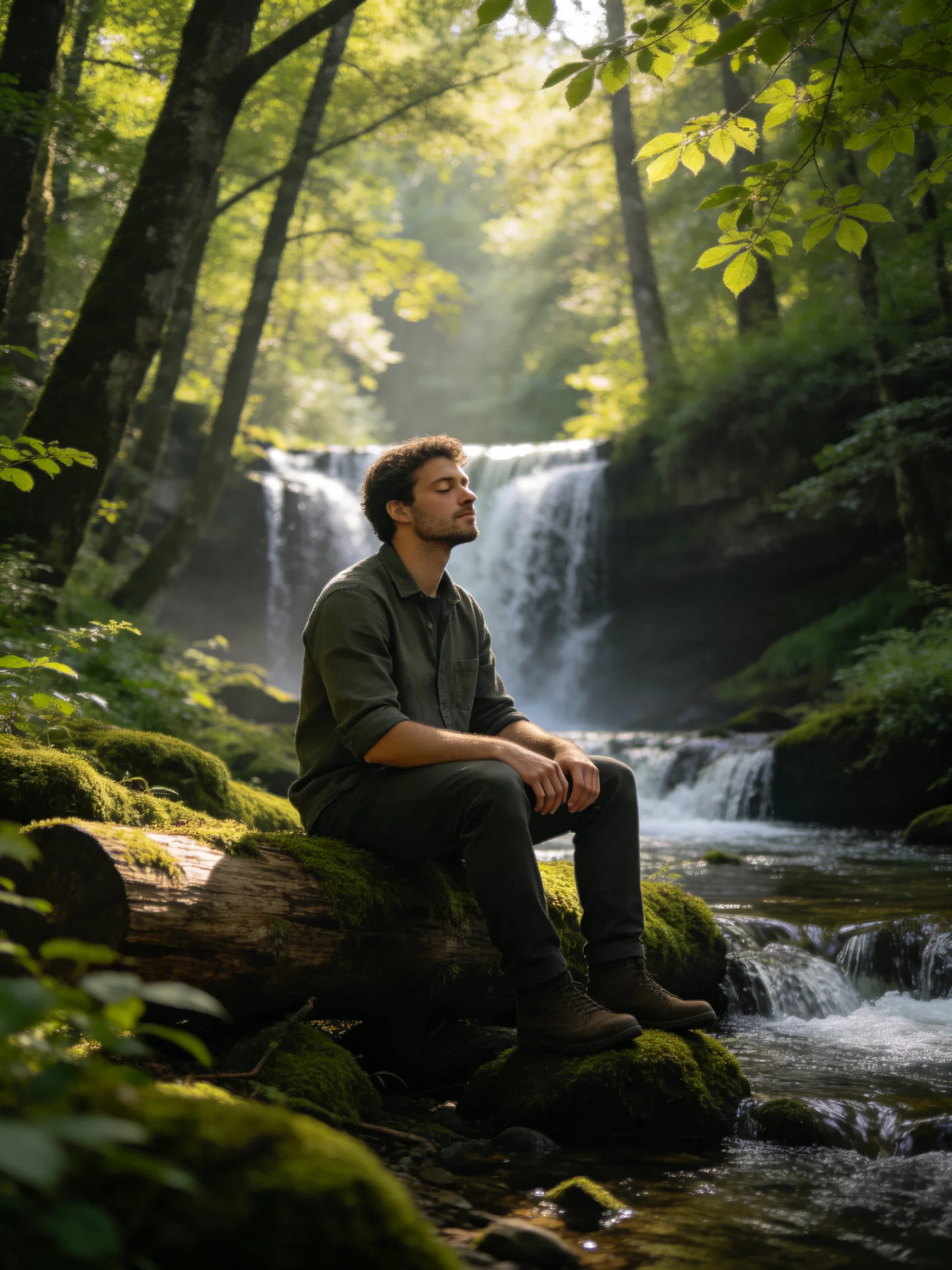 A man sits on a moss - covered log by a cascading waterfall
