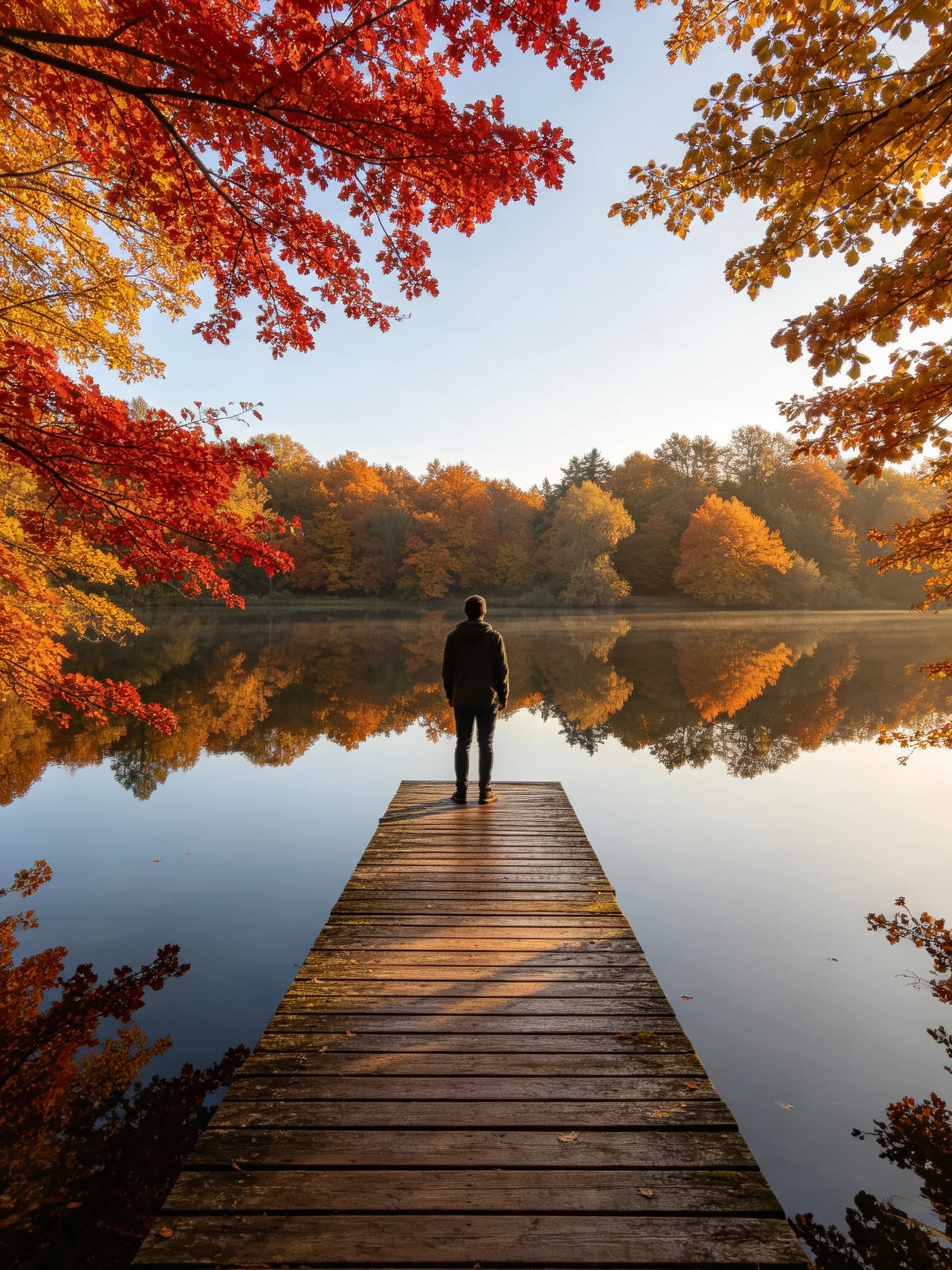 A man stands on a wooden dock surrounded by vibrant autumn trees near calm waters