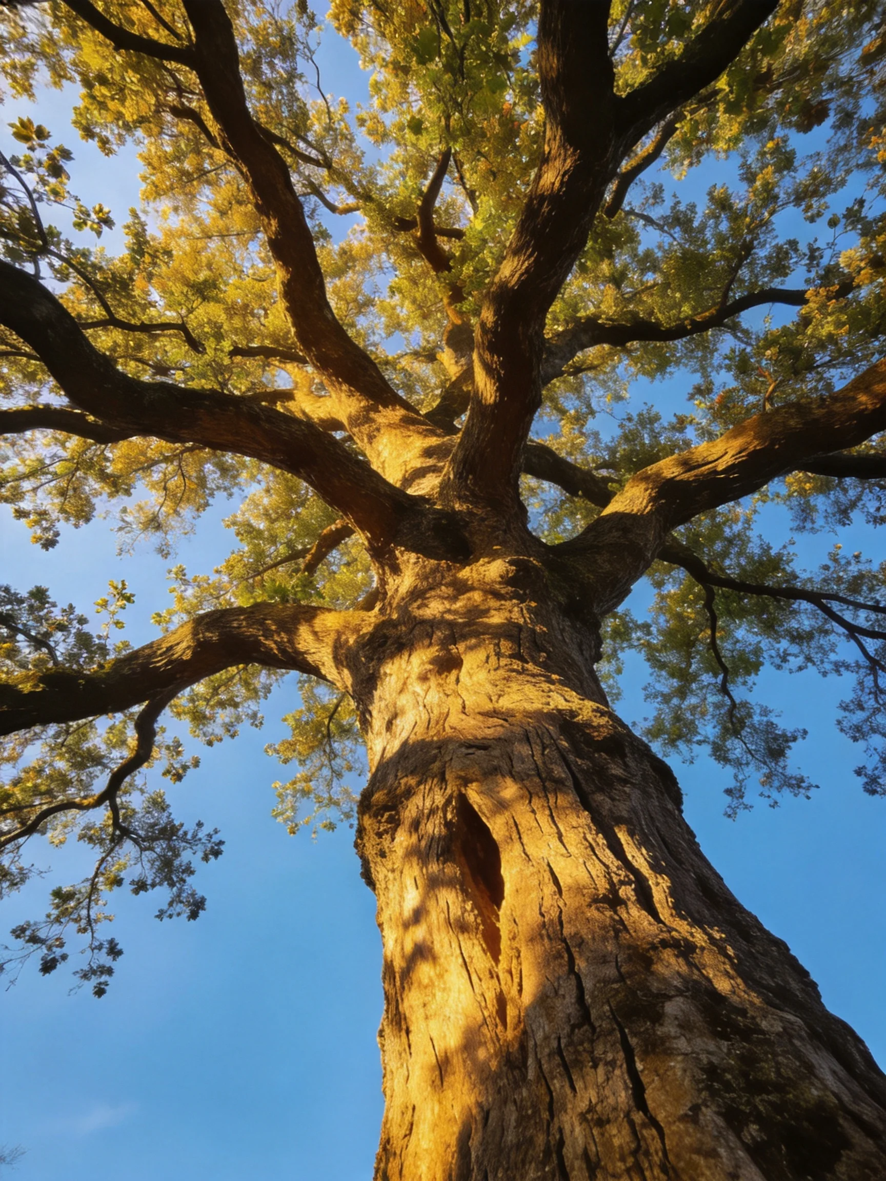A massive ancient oak tree bathed in golden sunlight against a clear blue sky