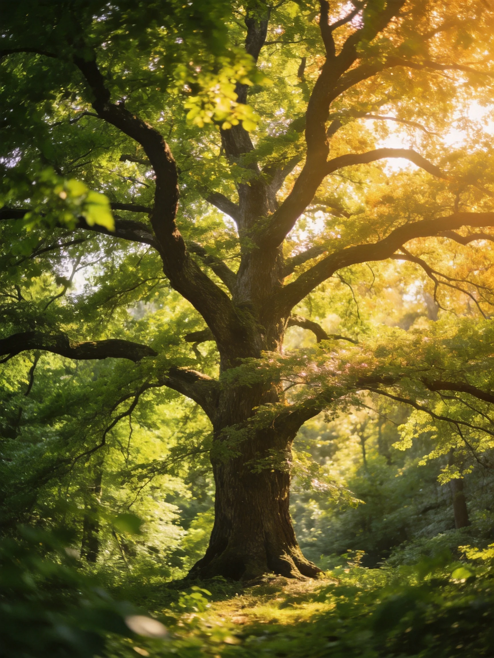 A massive ancient oak tree bathed in golden sunlight amid dense green foliage