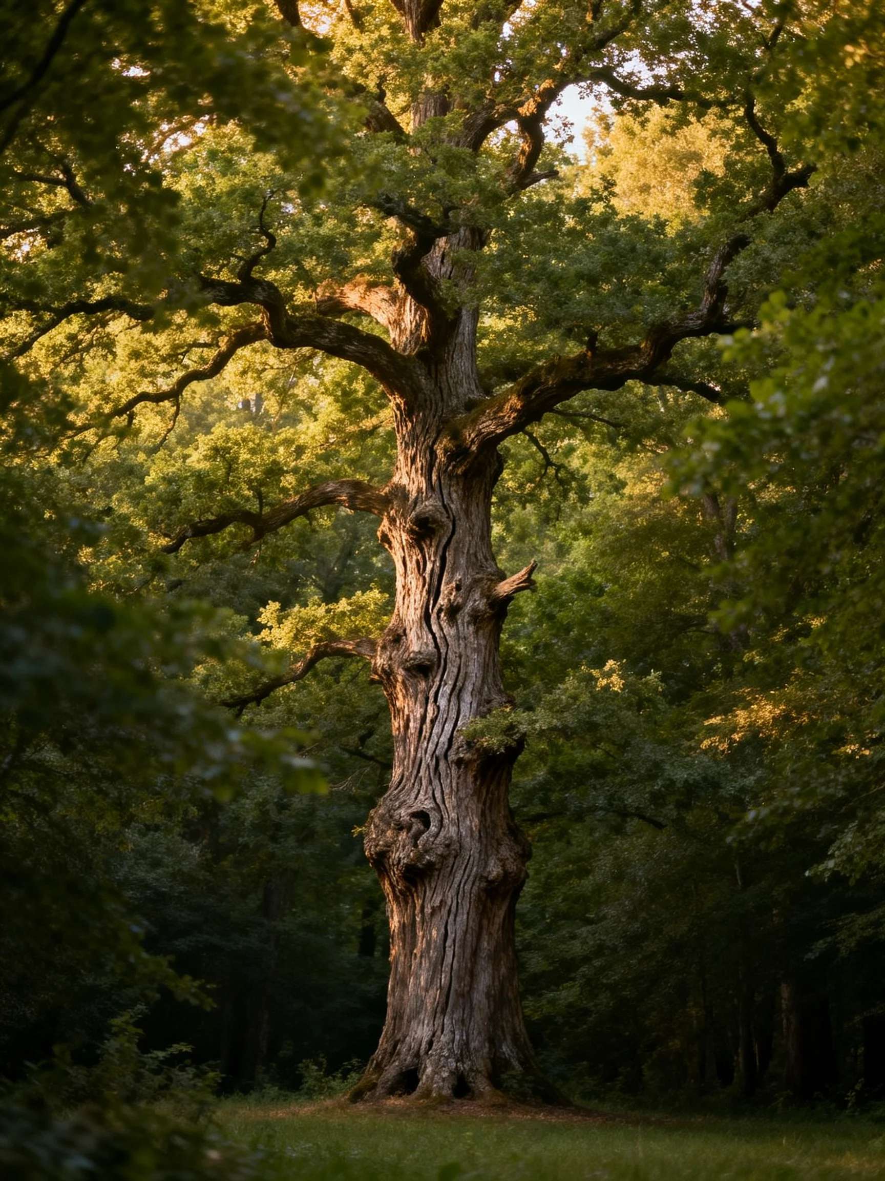 A massive ancient oak tree bathed in golden sunlight among dense greenery