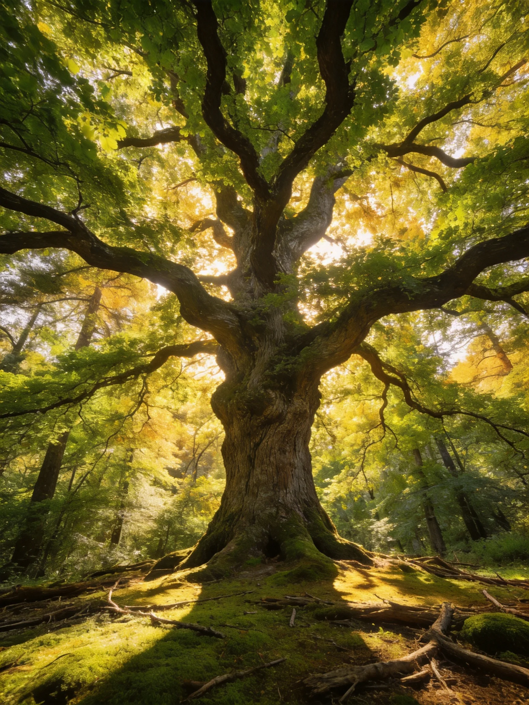 A massive ancient oak tree in a sun-dappled forest clearing