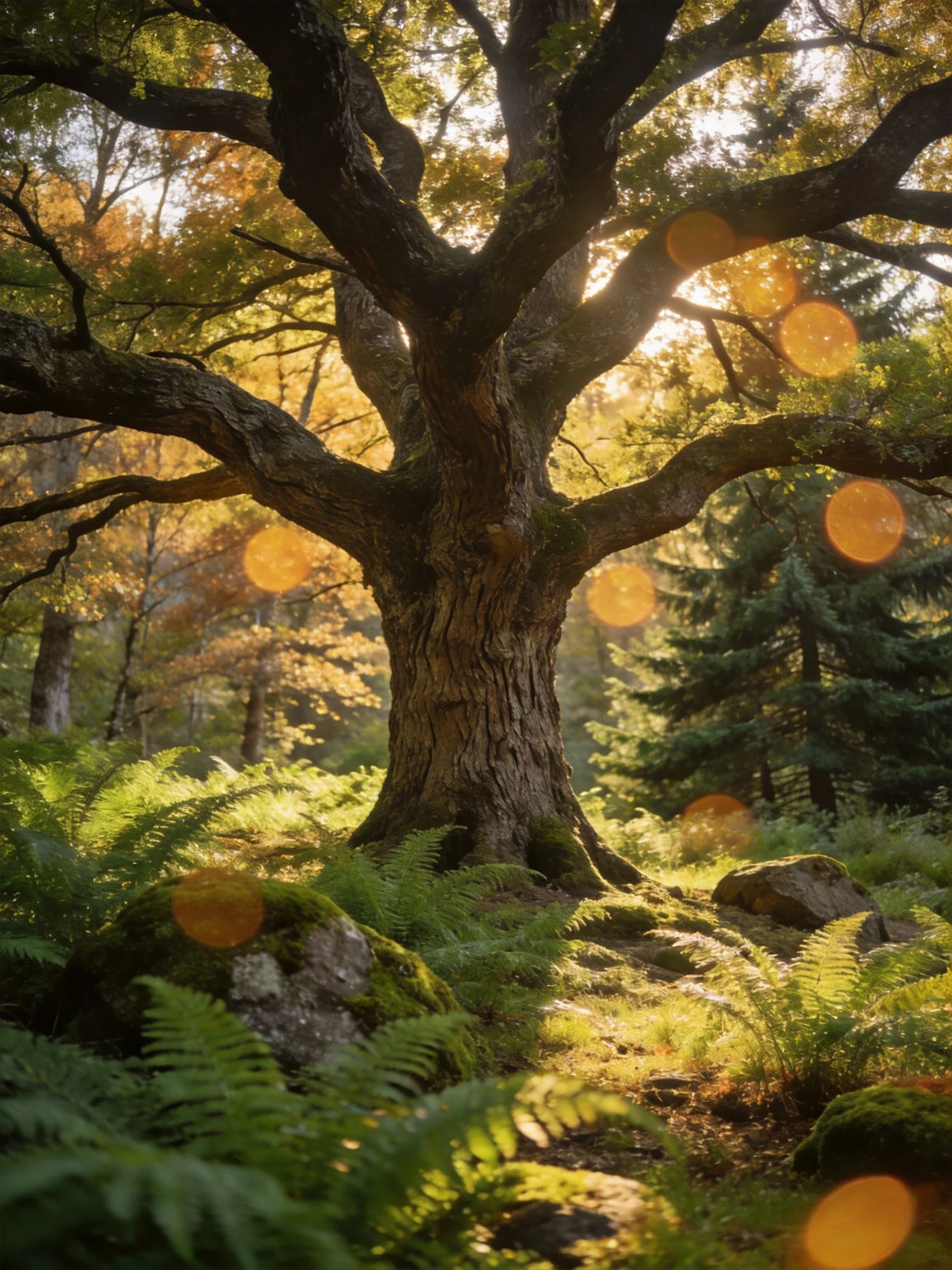 A massive ancient oak tree in a sun-dappled forest clearing