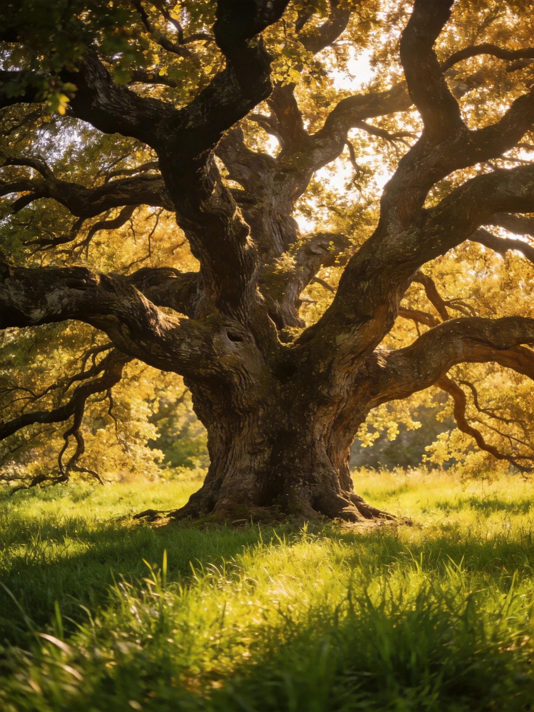 A massive ancient oak tree stands in a sun-drenched meadow