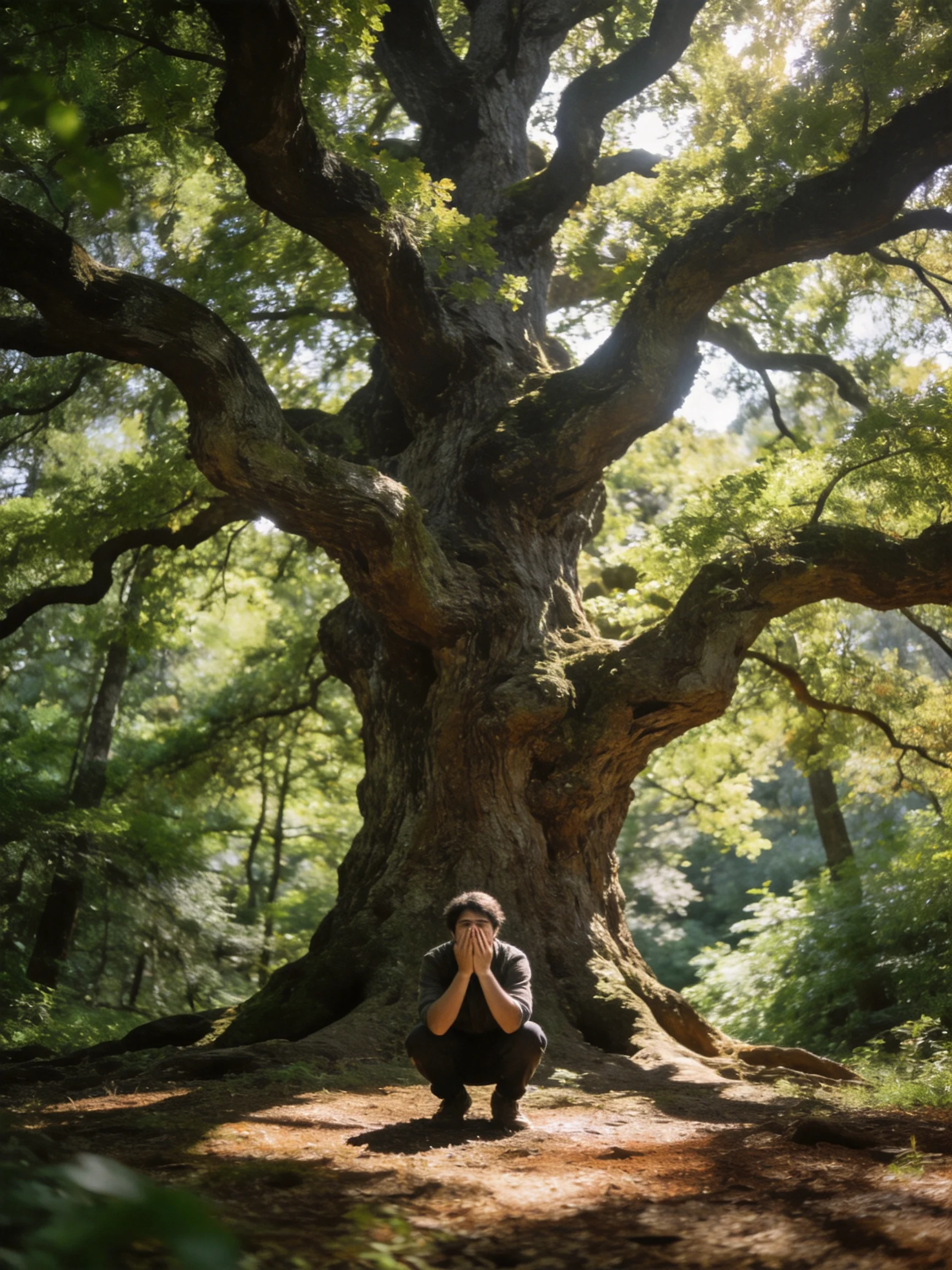 A massive ancient oak tree with a person crouched beneath it