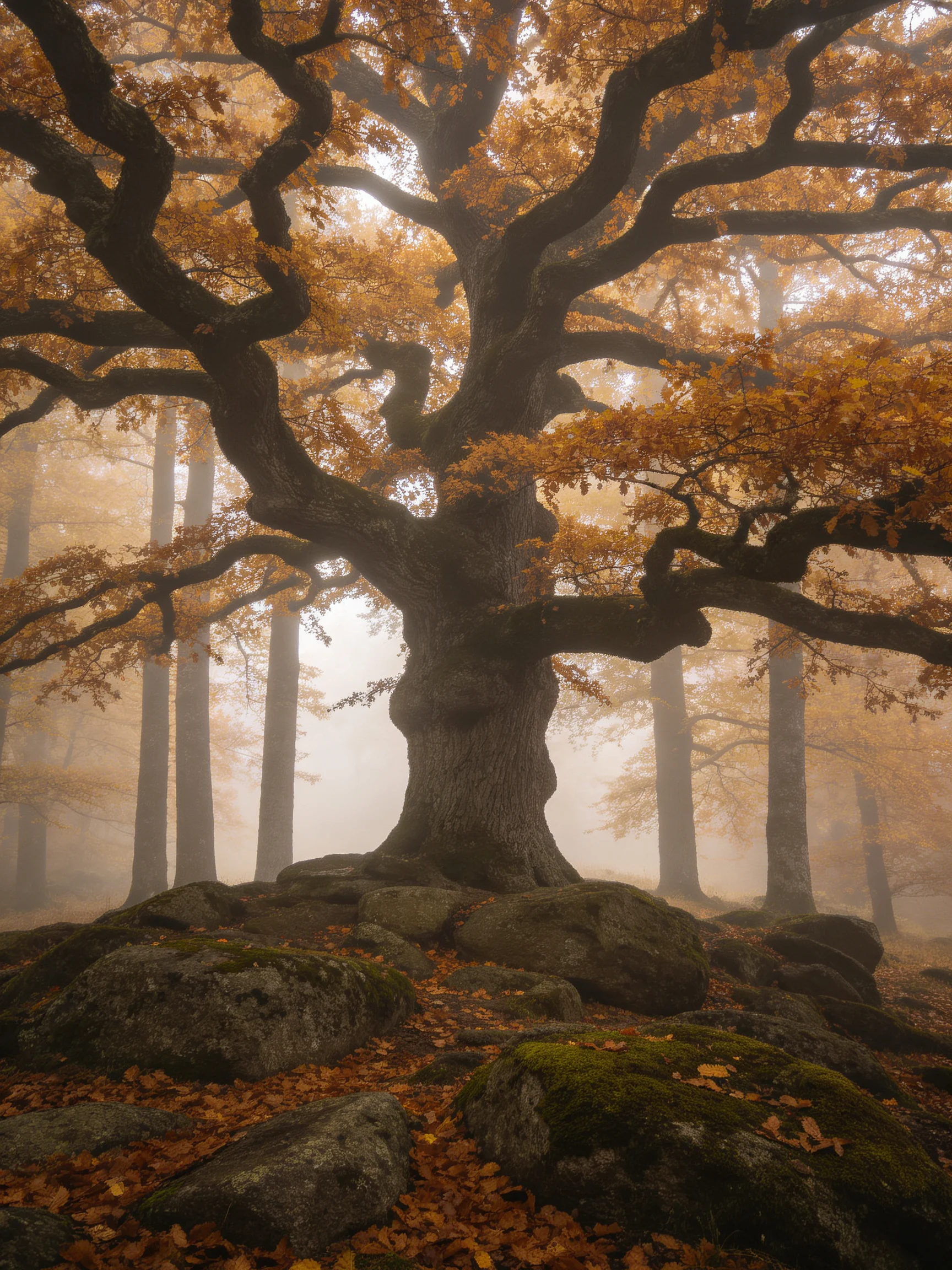 A massive ancient oak tree with golden foliage in a misty forest