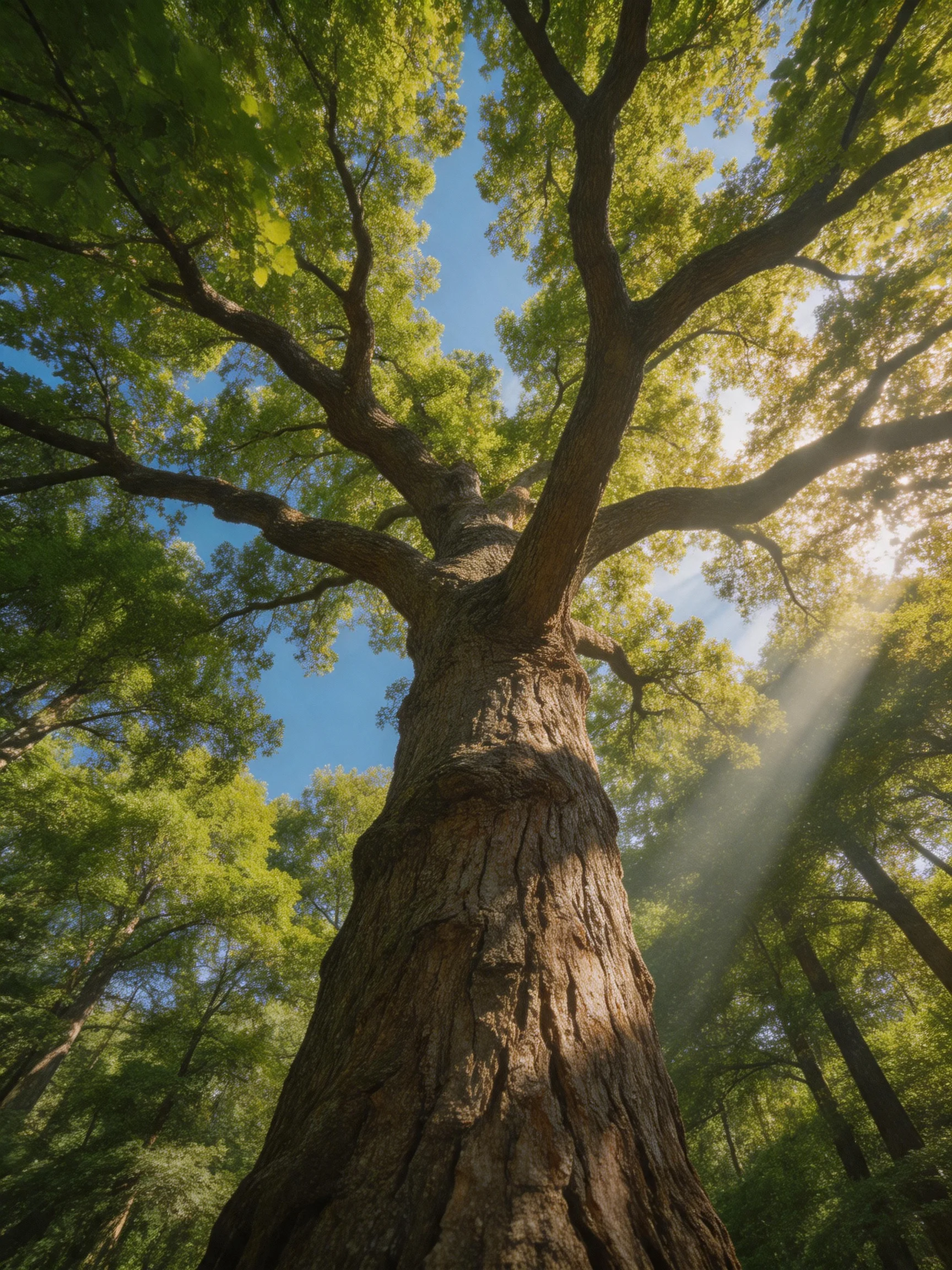 A massive ancient oak tree with lush green foliage and sunlight