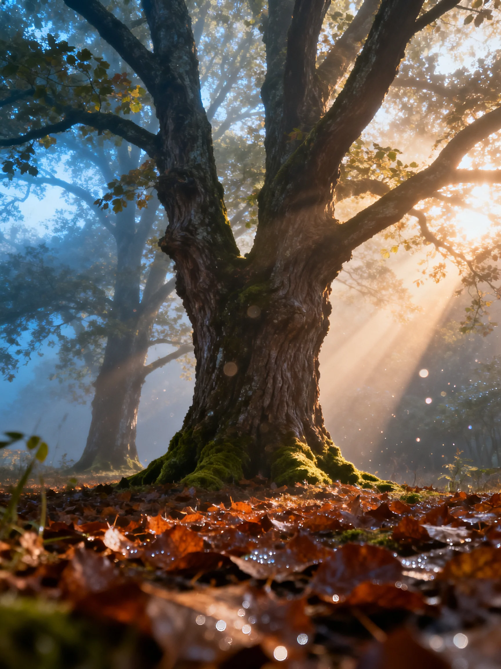 A massive ancient oak tree with mossy roots among brown fallen leaves and golden sunlight