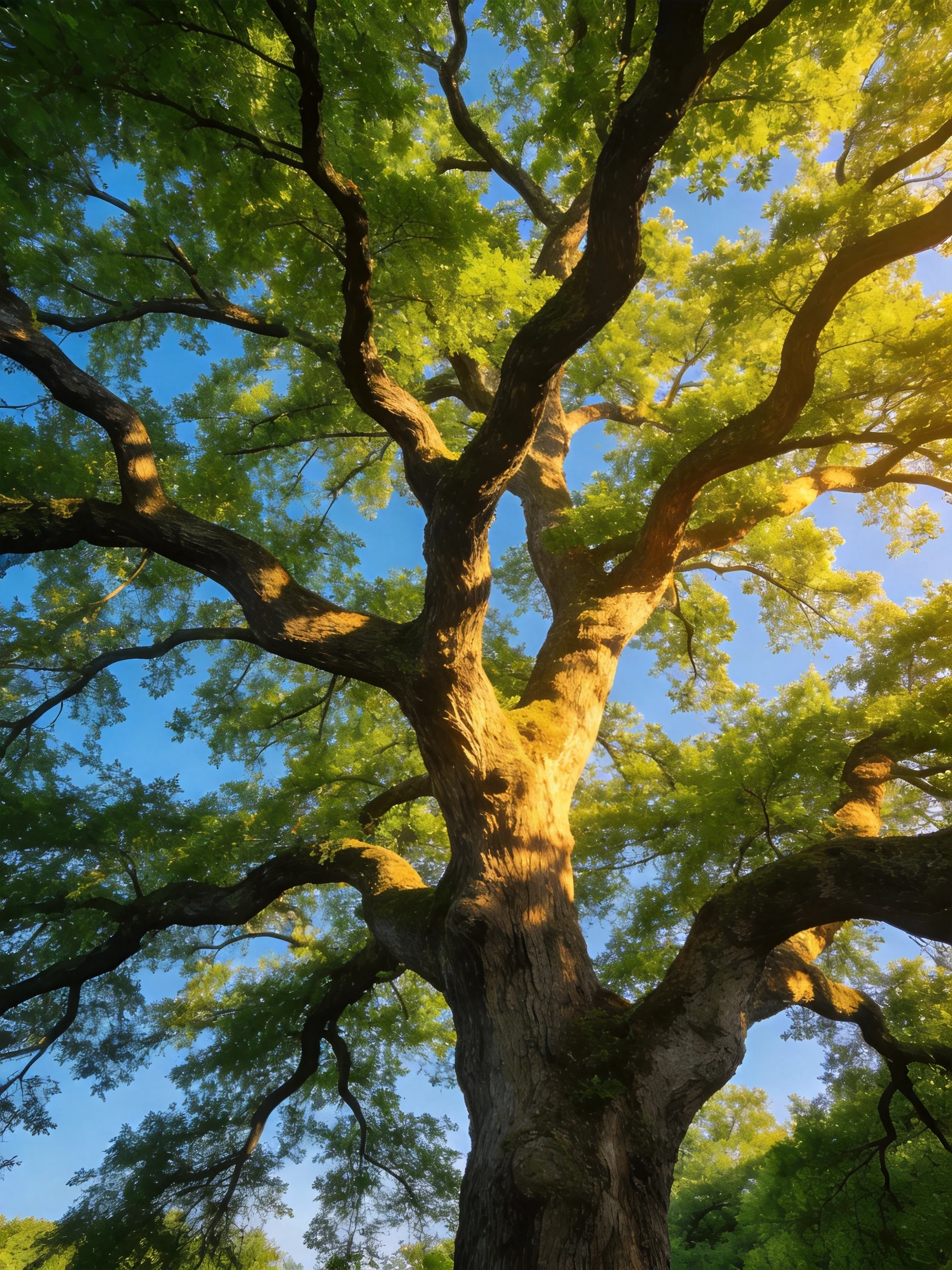 A massive ancient oak tree withlush green foliage against a clear blue sky