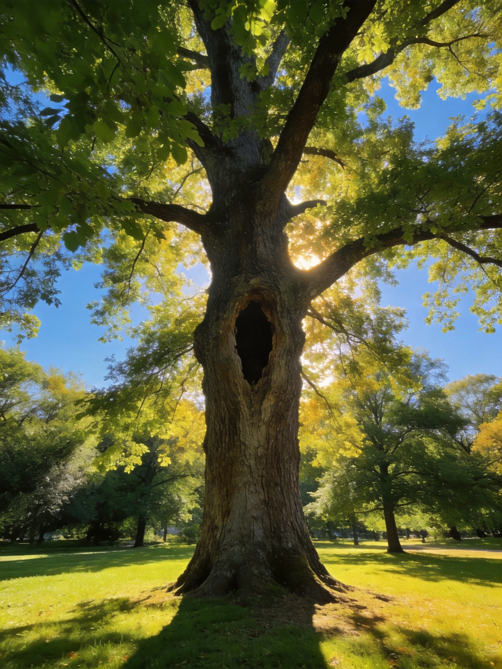 A massive ancient oak with a hollow trunk in a sunlit park
