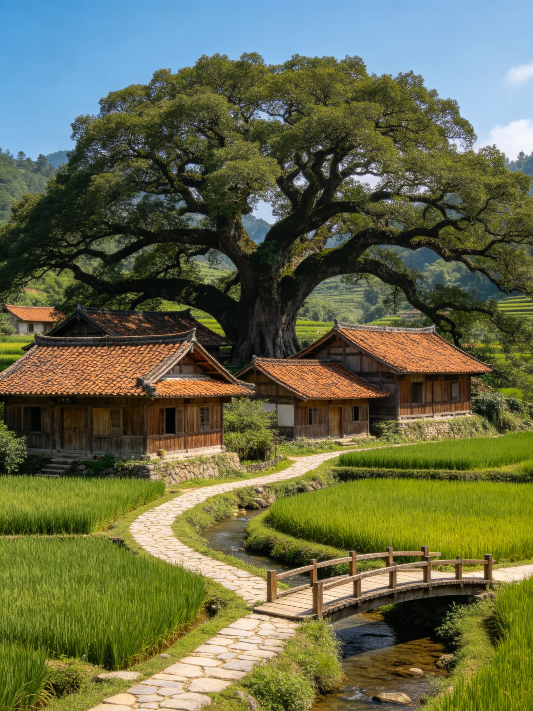 A massive ancient tree beside traditional wooden homes near terraced rice fields
