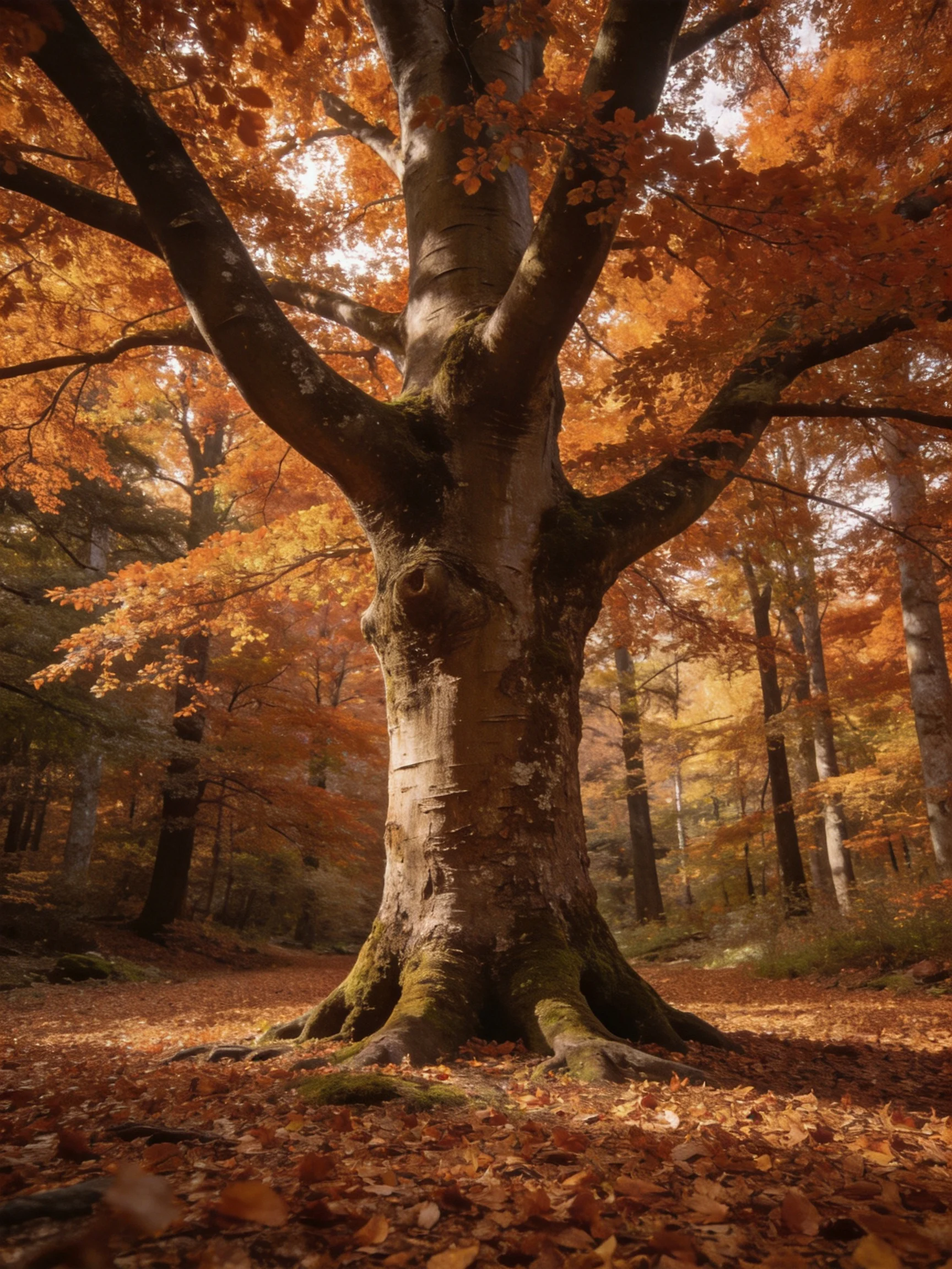 A massive ancient tree in a forest of golden autumn foliage