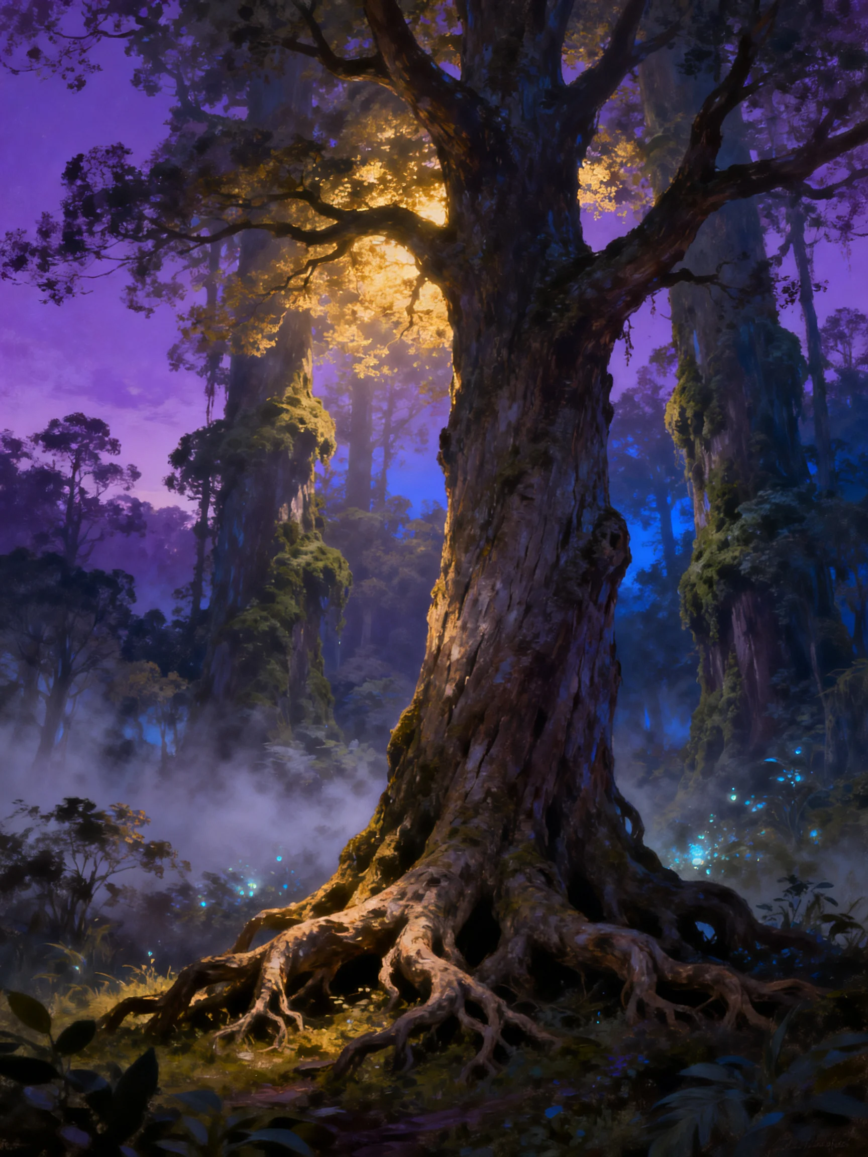 A massive ancient tree stands in a mystical purple-hued forest