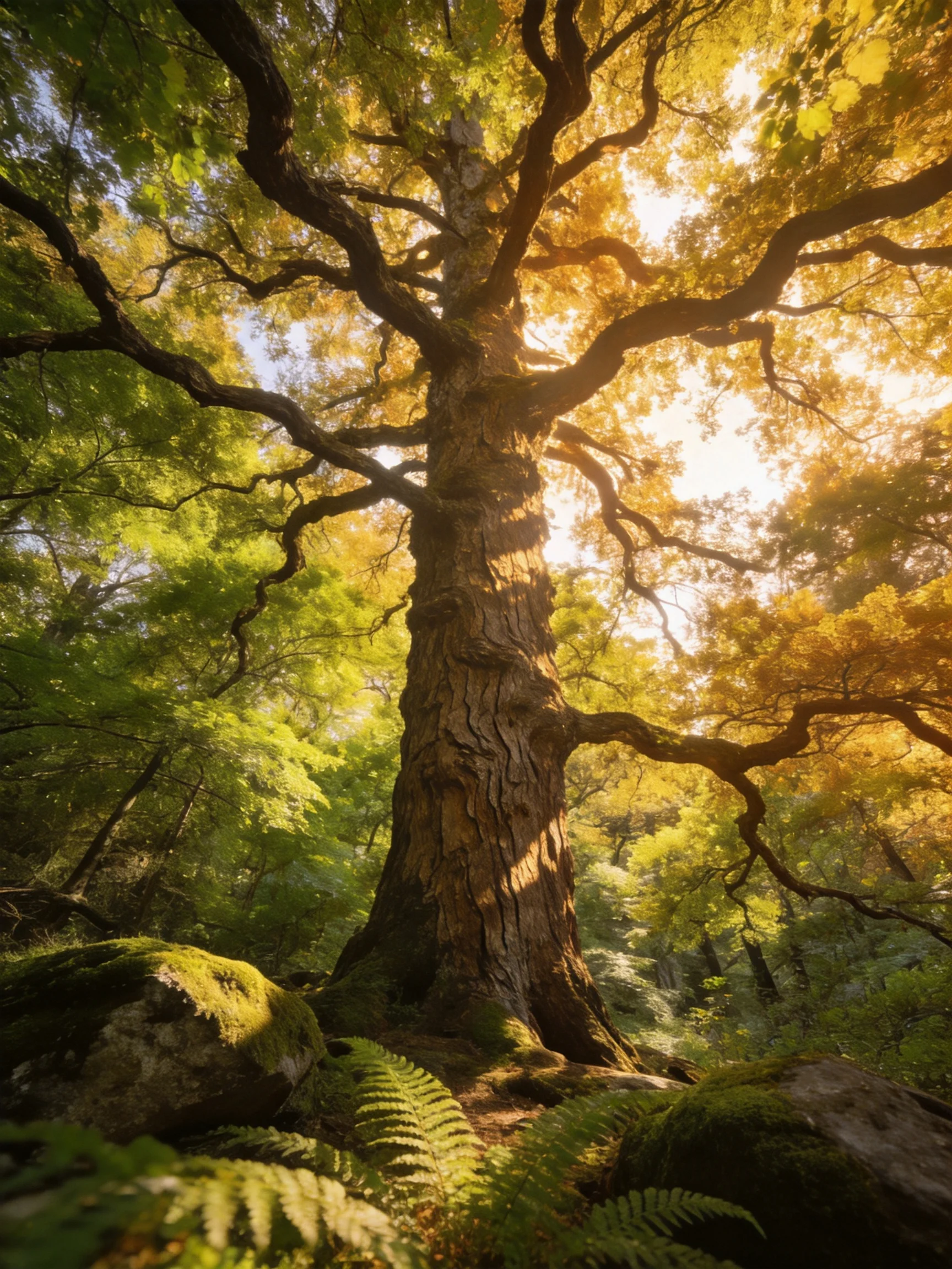 A massive ancient tree stands in a sun-dappled forest with moss-covered rocks