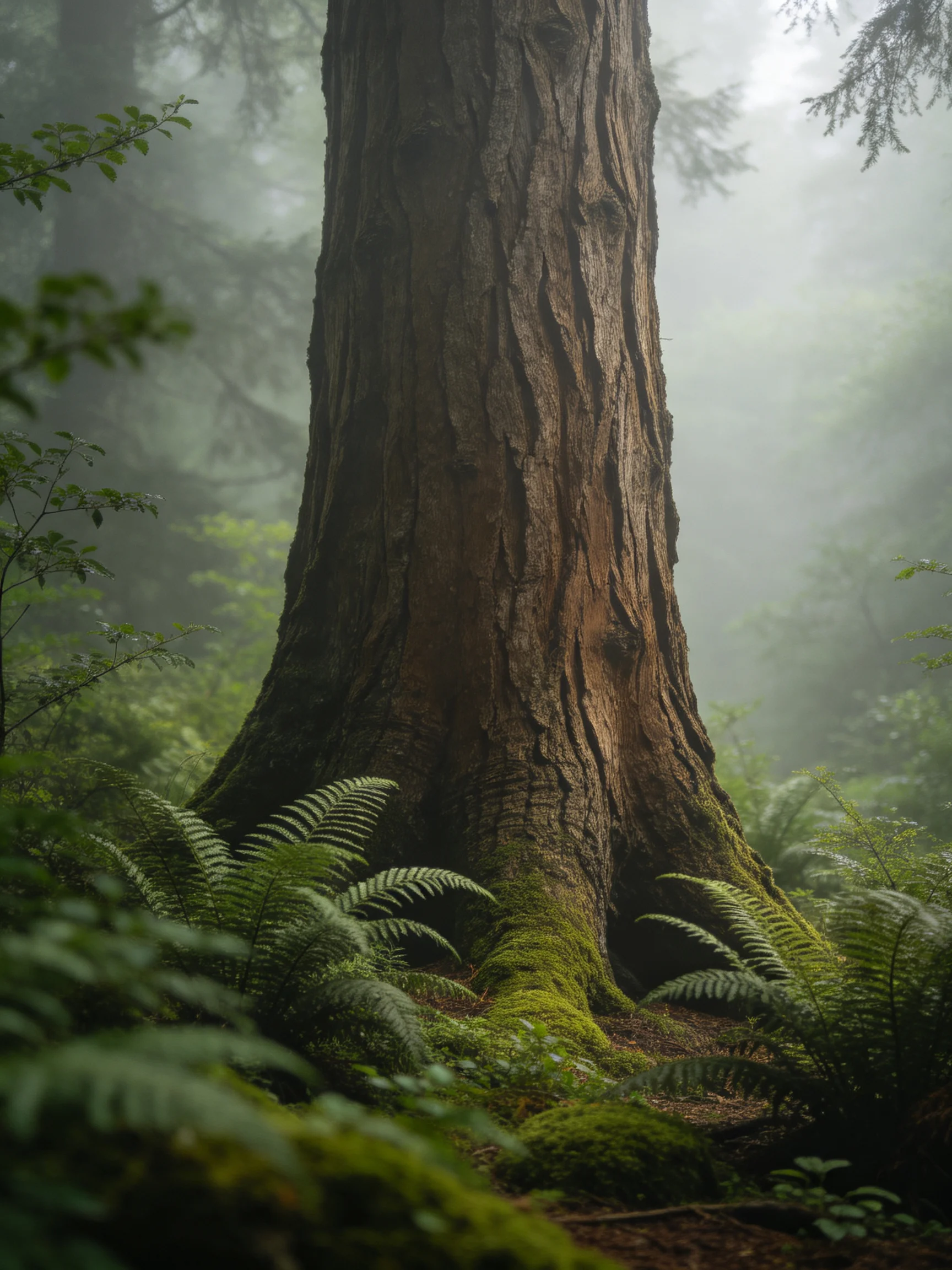 A massive ancient tree surrounded by lush ferns and moss in a misty forest