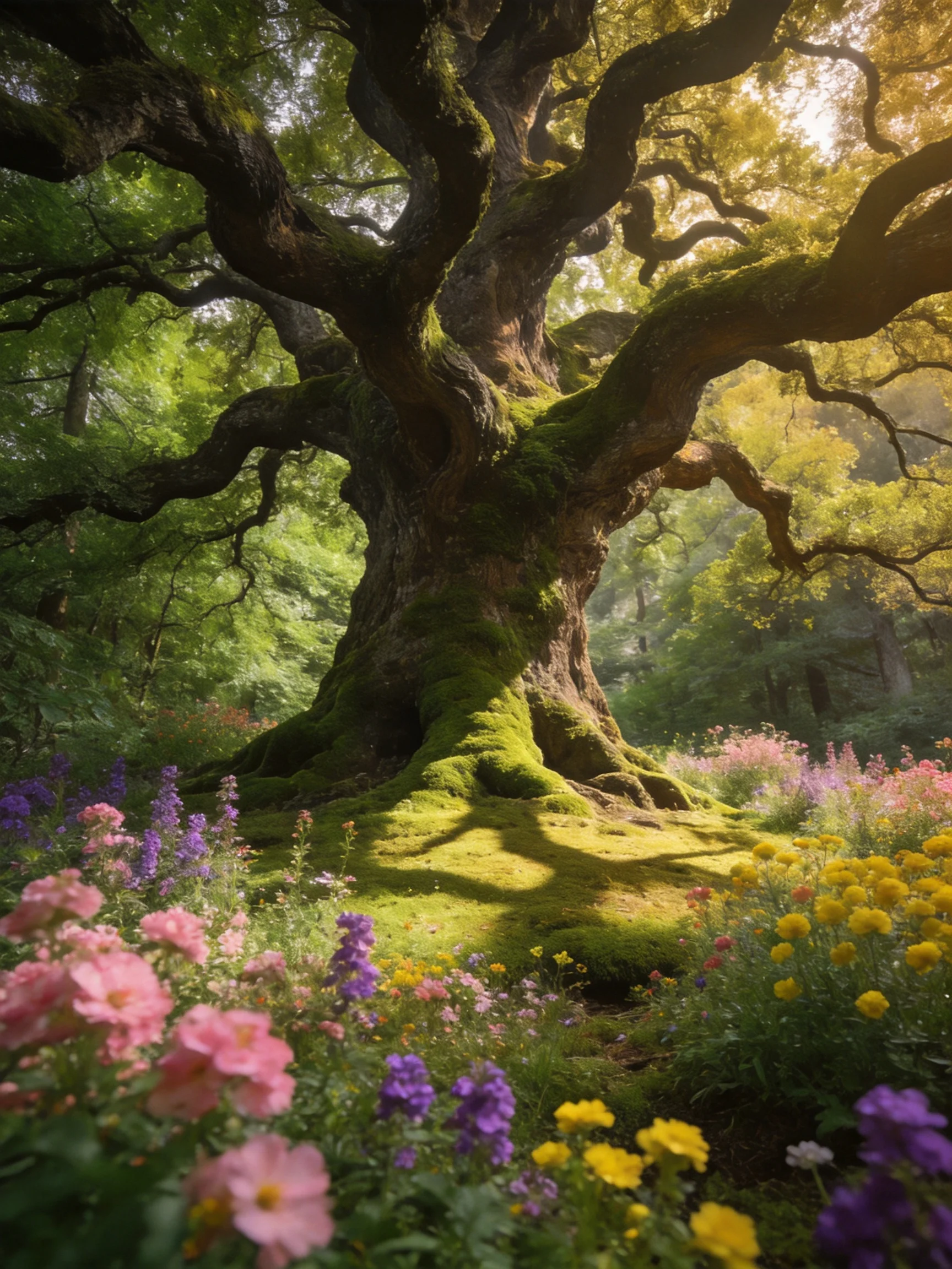 A massive ancient tree surrounded by vibrant wildflowers and lush greenery