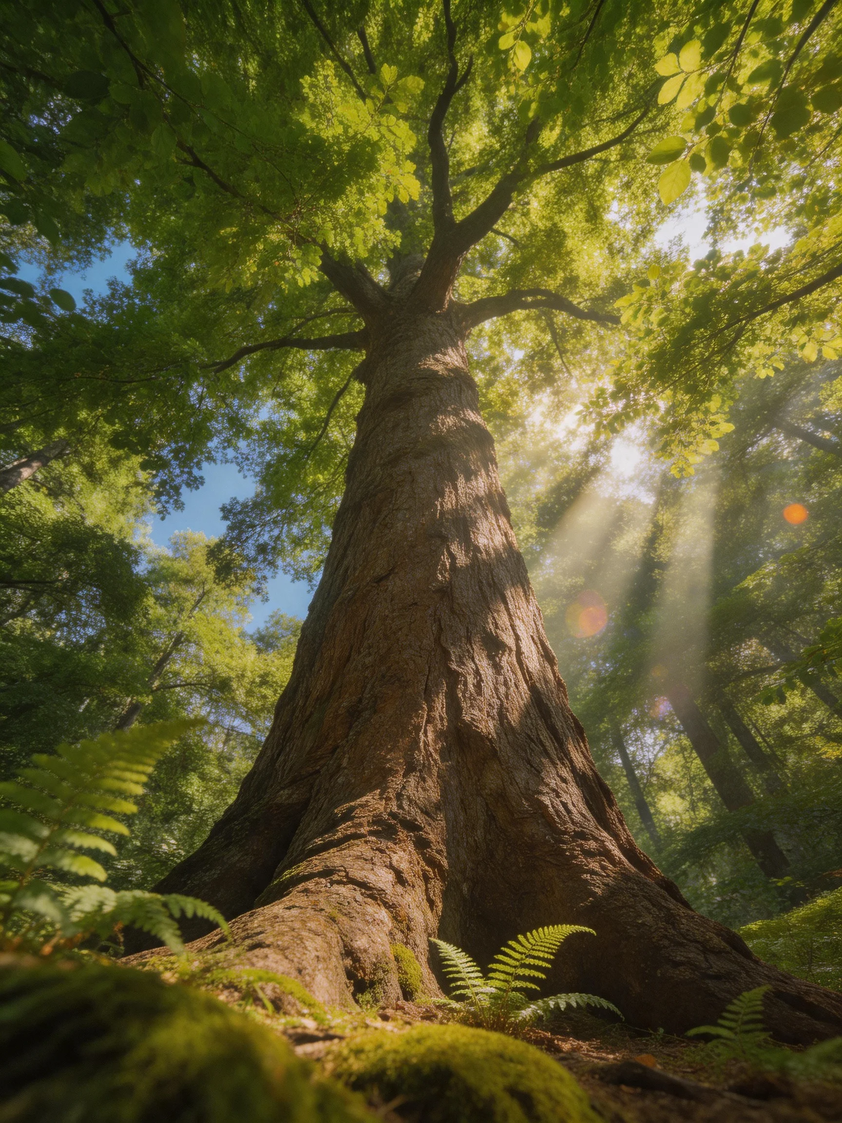 A massive ancient tree towers among lush green foliage with dappled sunlight