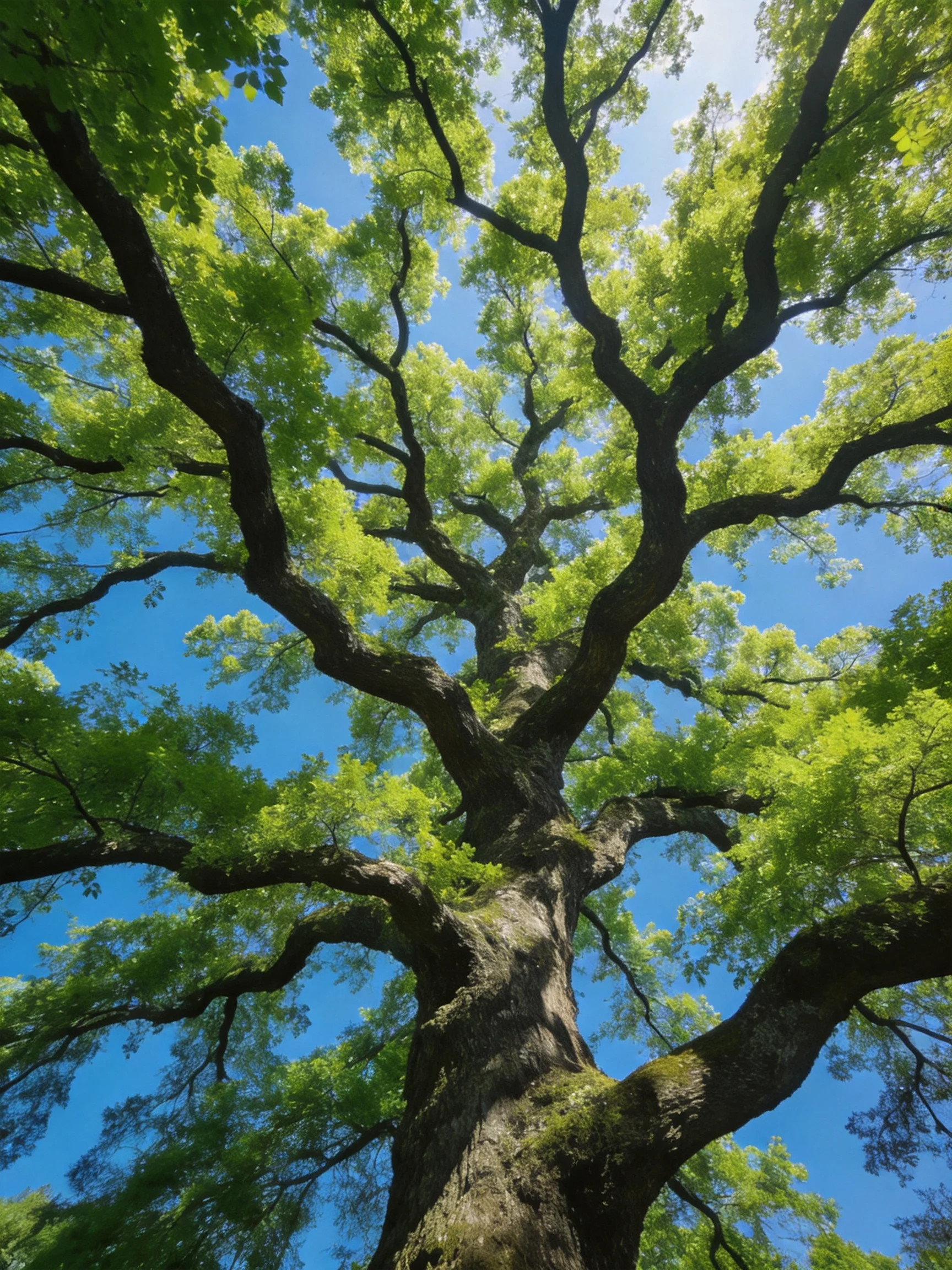 A massive ancient tree with sprawling branches and bright green foliage