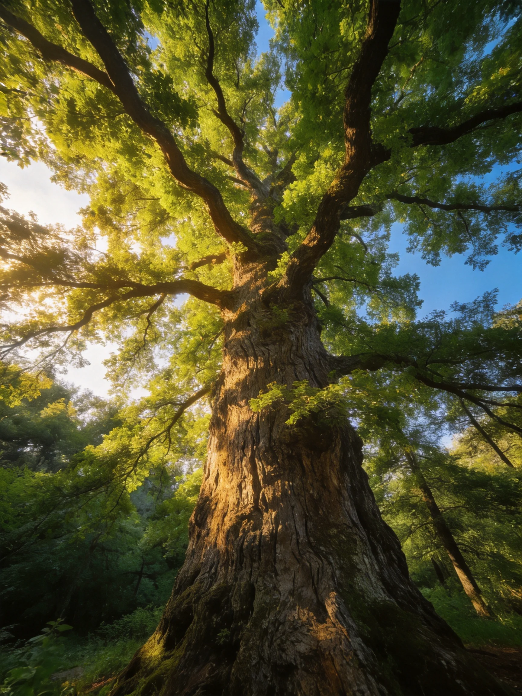 A massive ancient tree with sprawling branches and vibrant green canopy