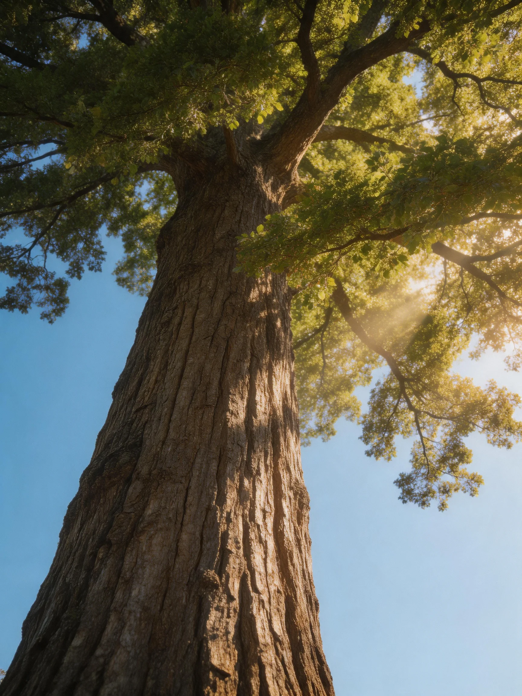A massive ancient tree with textured bark and lush green foliage
