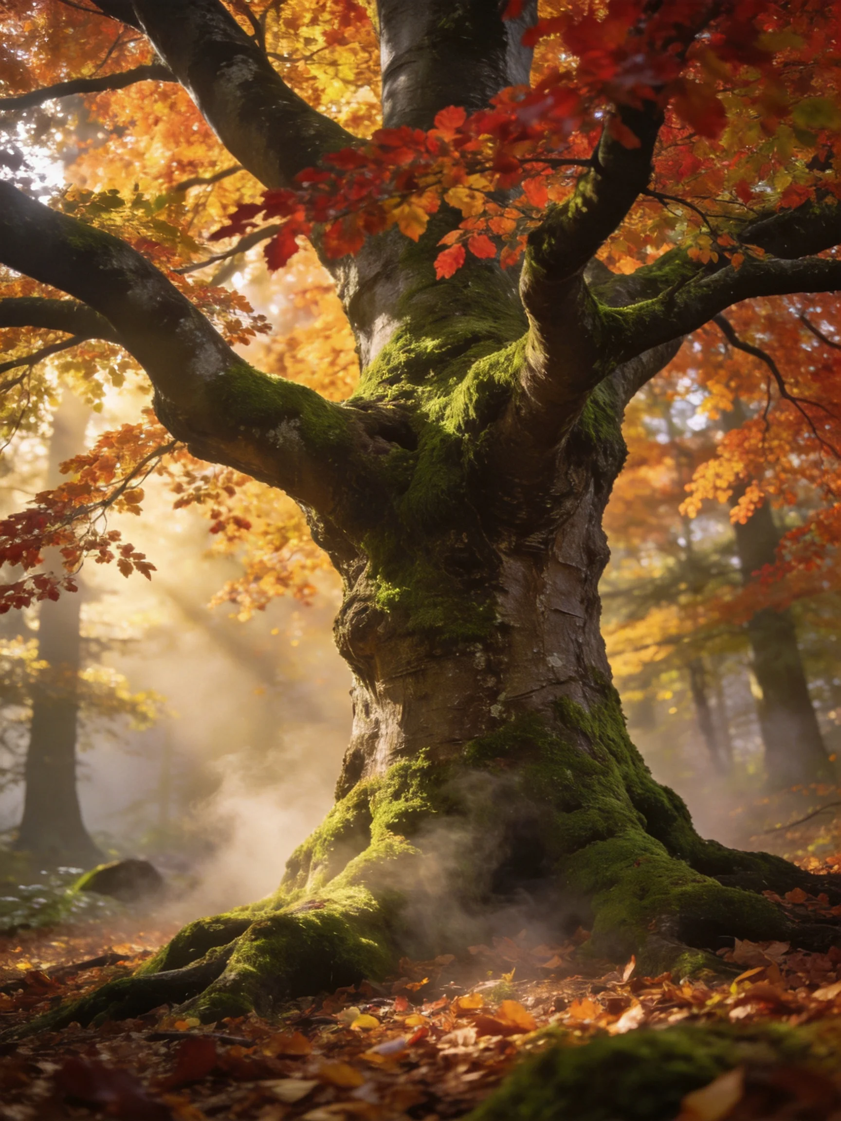A massive ancient tree with vibrant autumn foliage and mossy trunk