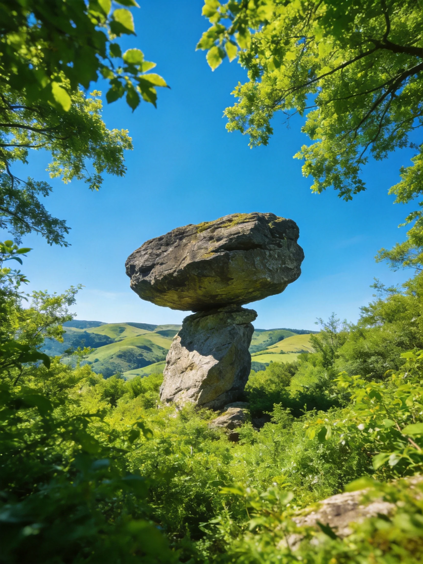 A massive balanced rock formation amidst lush green forests and rolling hills