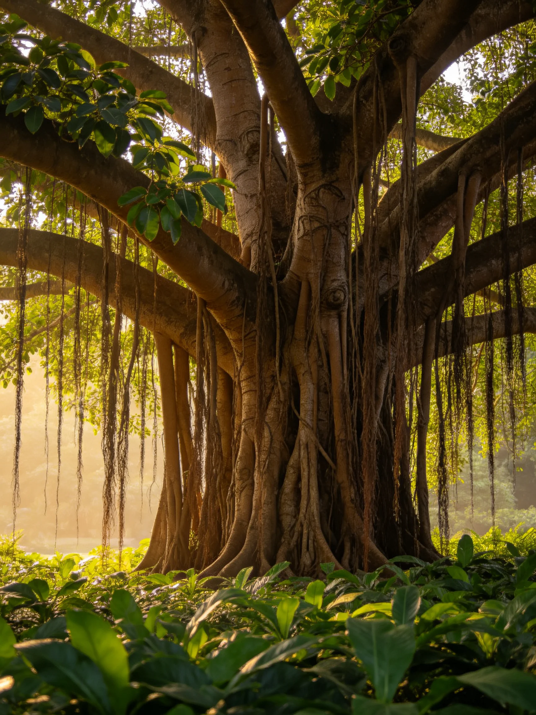 A massive banyan tree with hanging roots and lush greenery