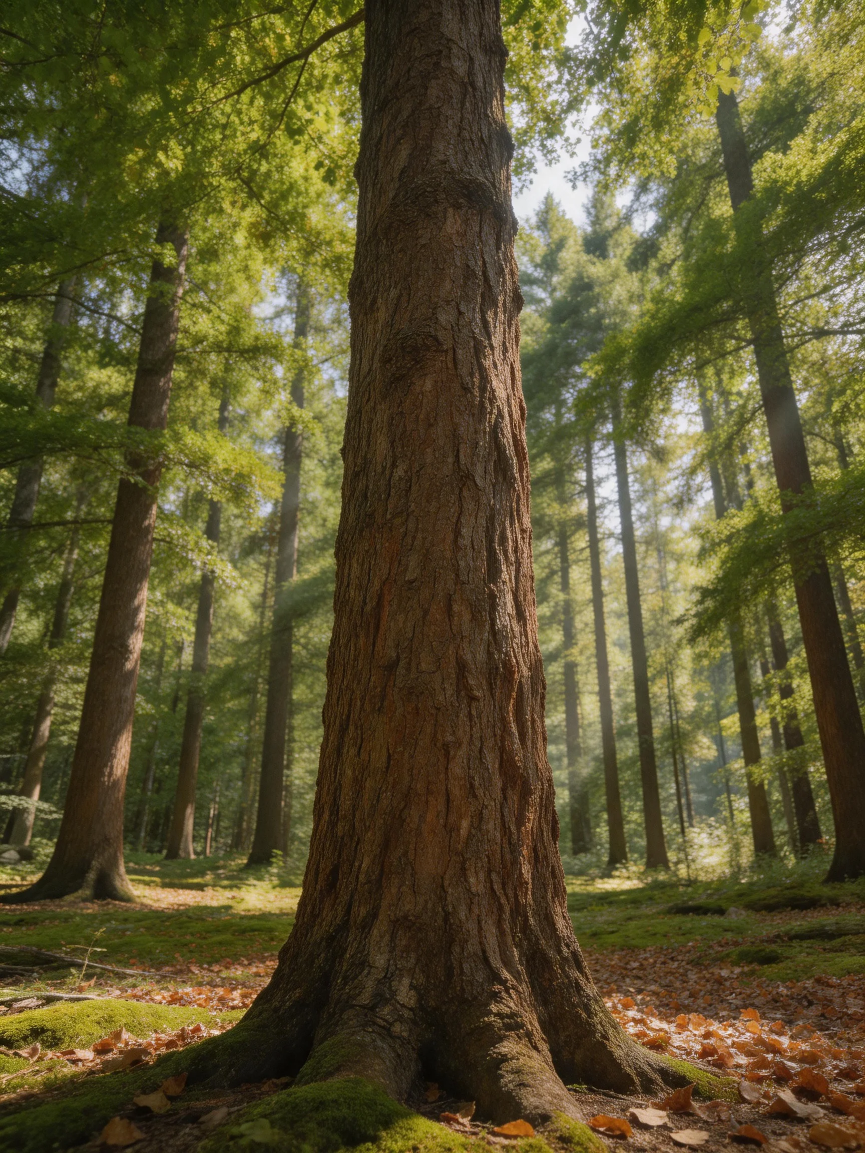 A massive brown-trunked tree dominates a sun-dappled green forest