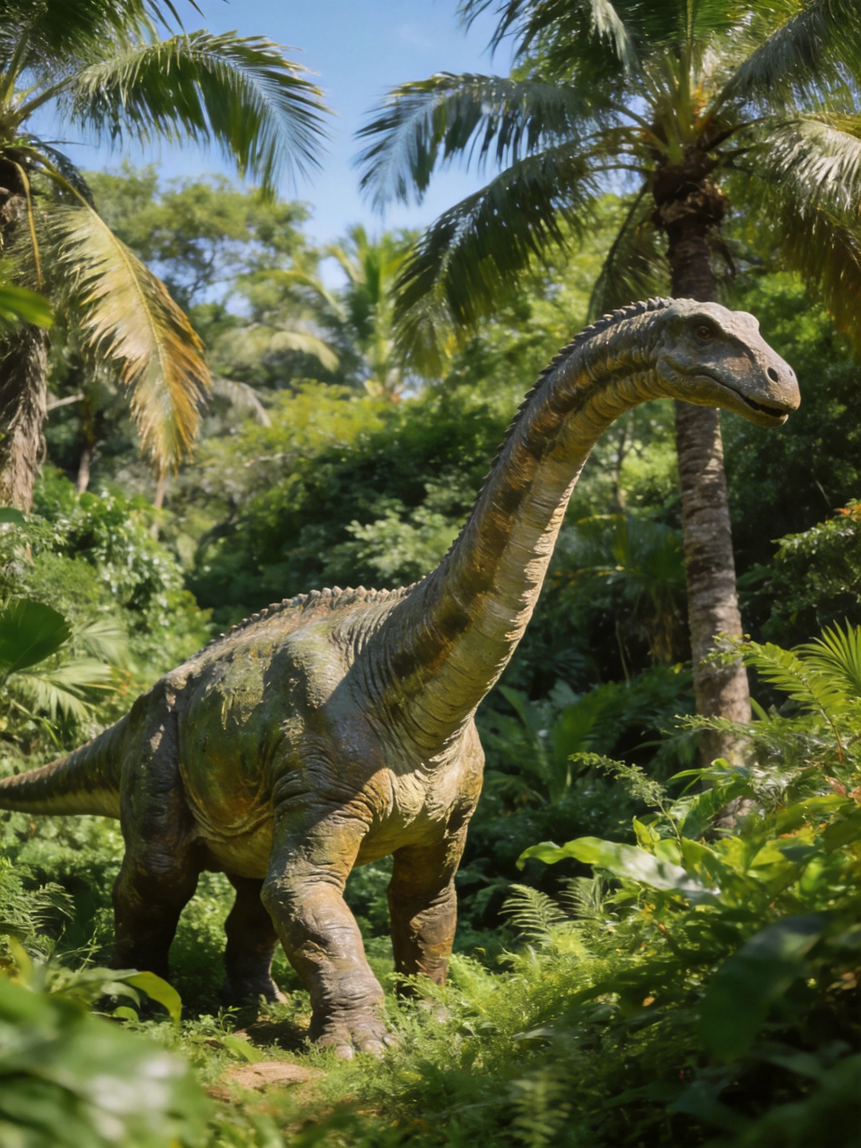 A massive long - necked dinosaur in lush tropical vegetation