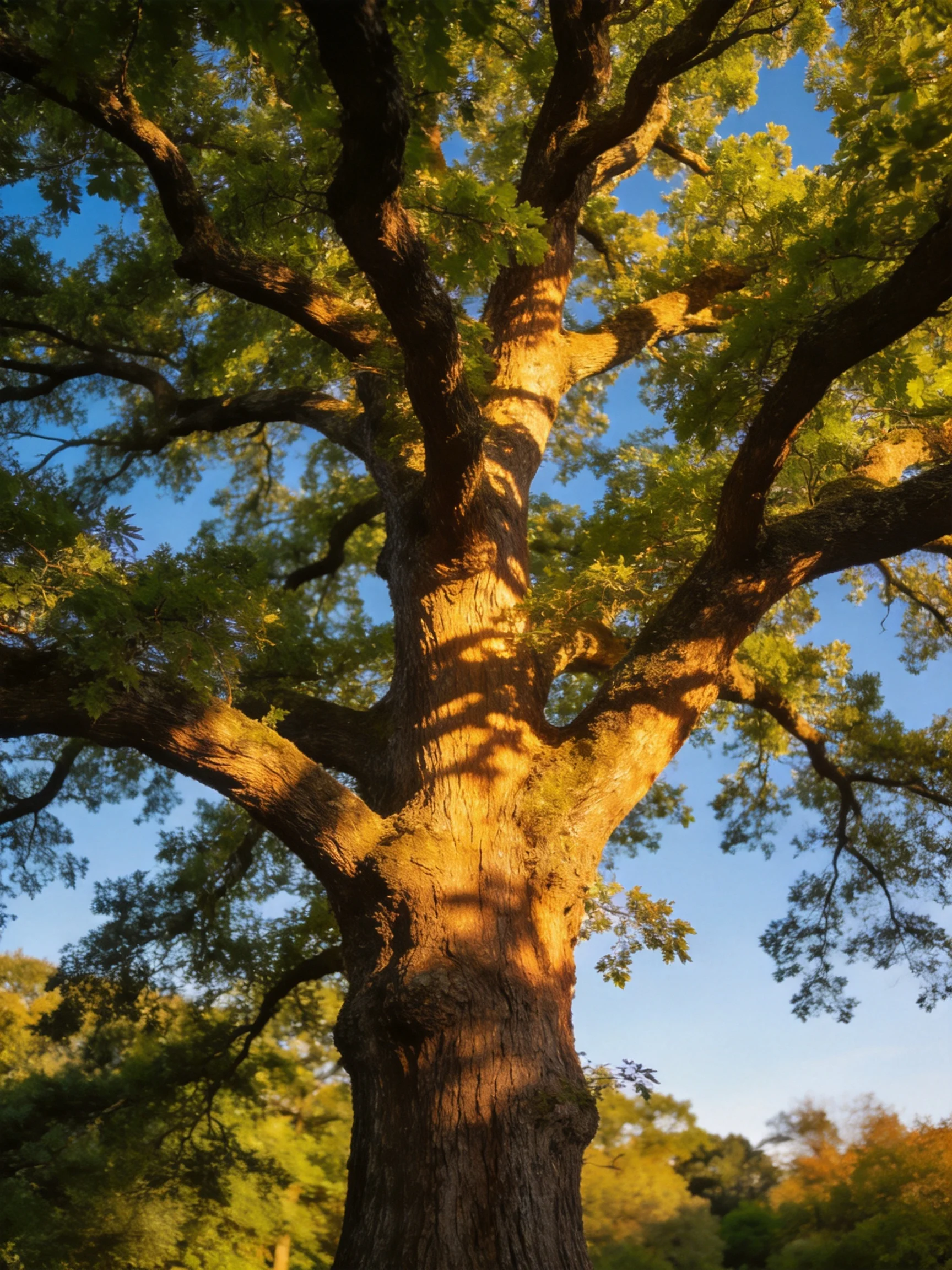 A massive oak tree bathed in golden late-afternoon light