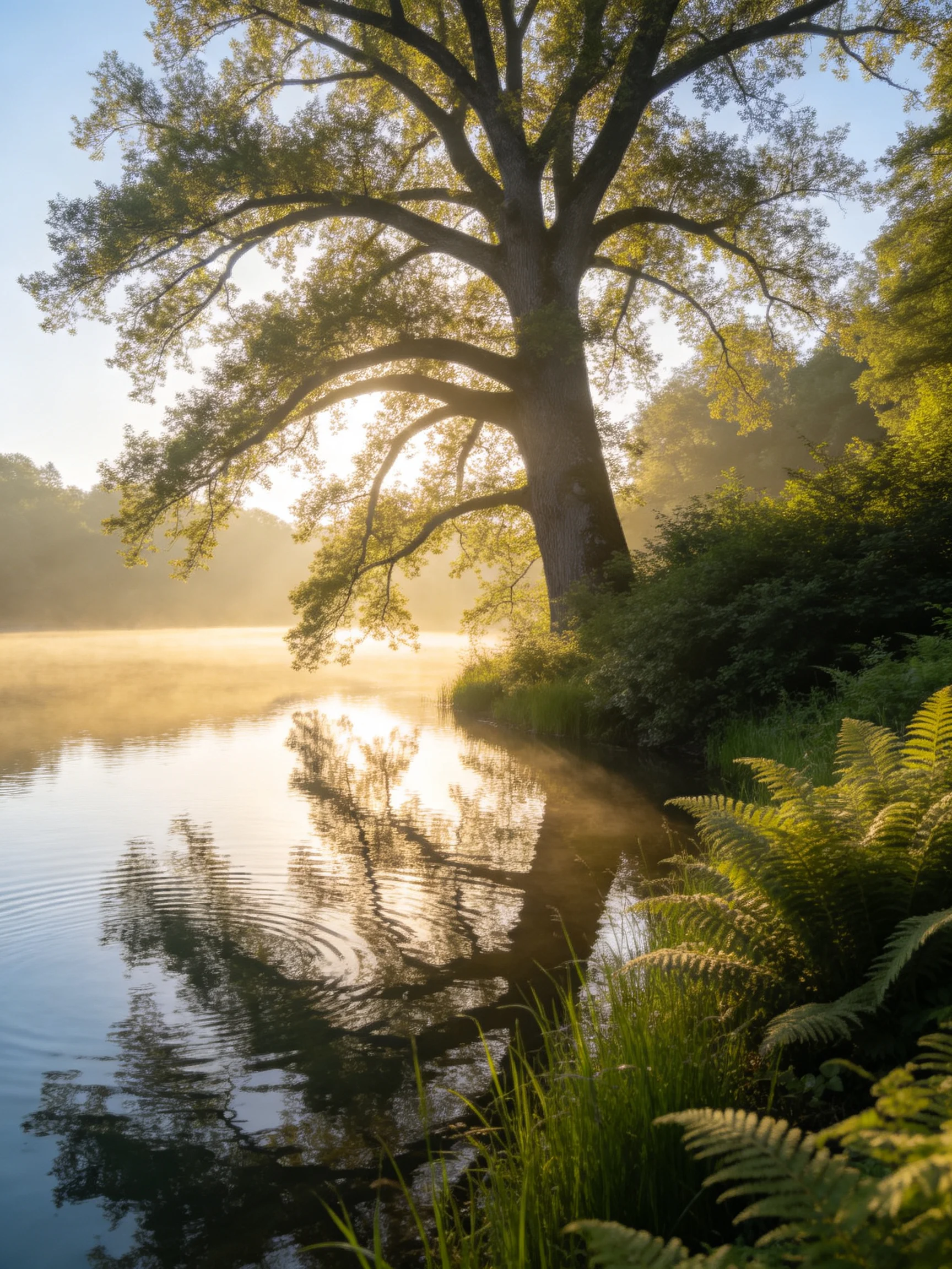 A massive oak tree beside a calm river with morning mist