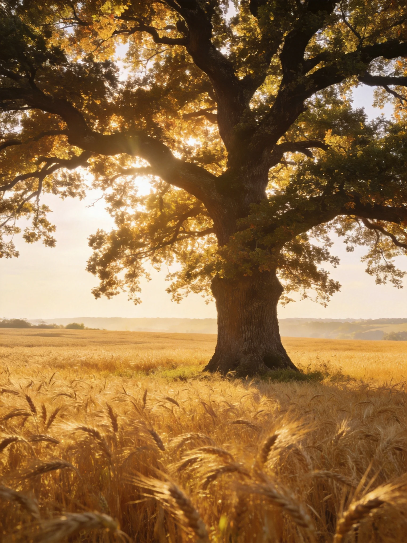 A massive oak tree stands in a golden wheat field under warm sunlight