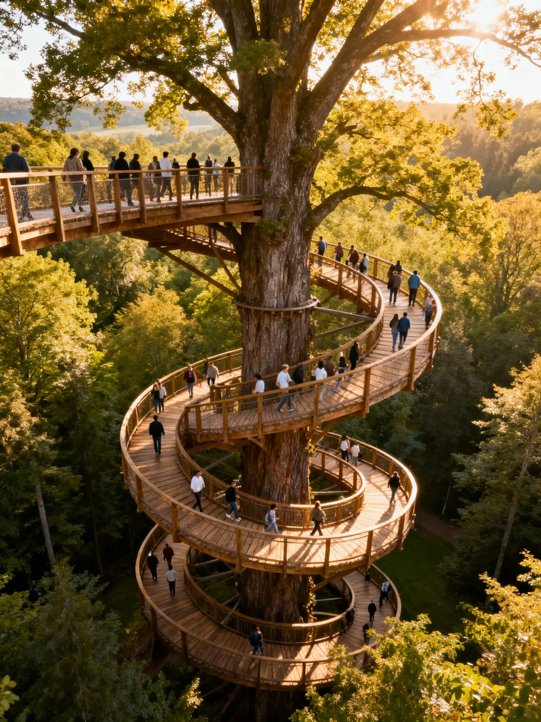 A massive oak tree with winding wooden walkways in lush forest